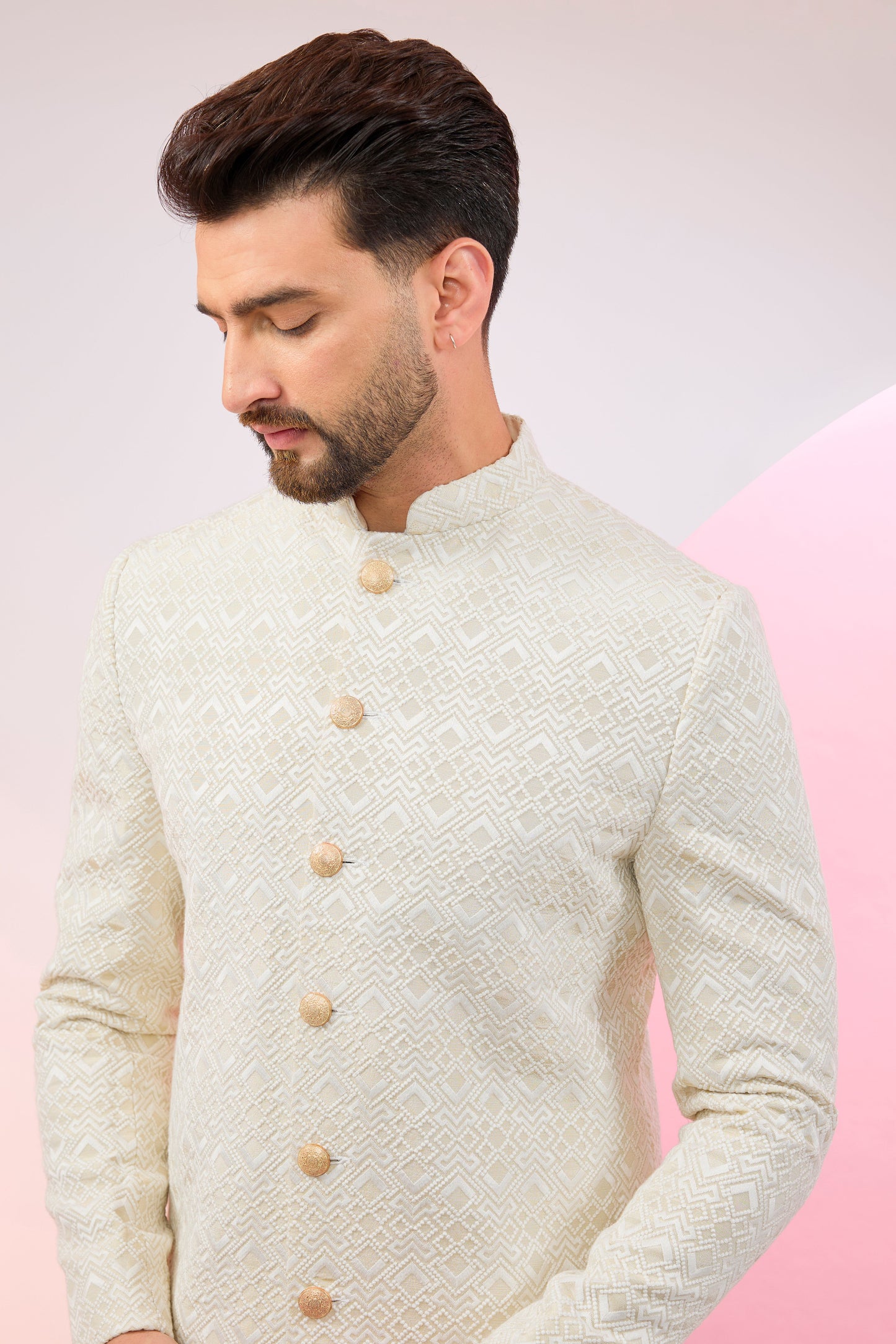 cream beige geometrically embroidered royal cut indowestern