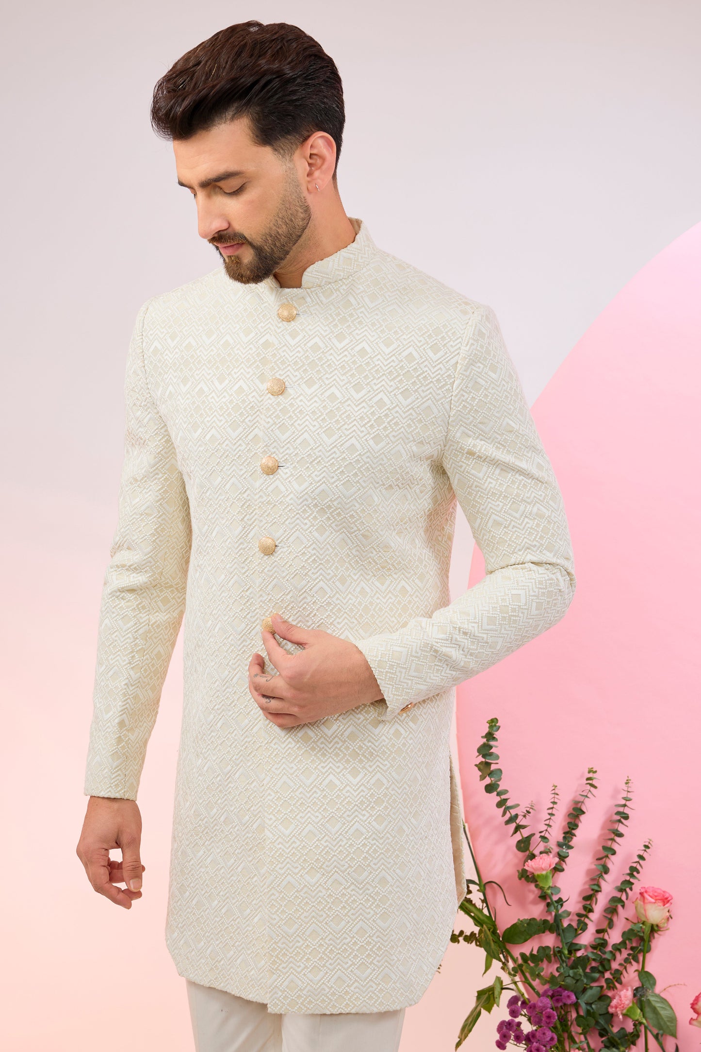 cream beige geometrically embroidered royal cut indowestern
