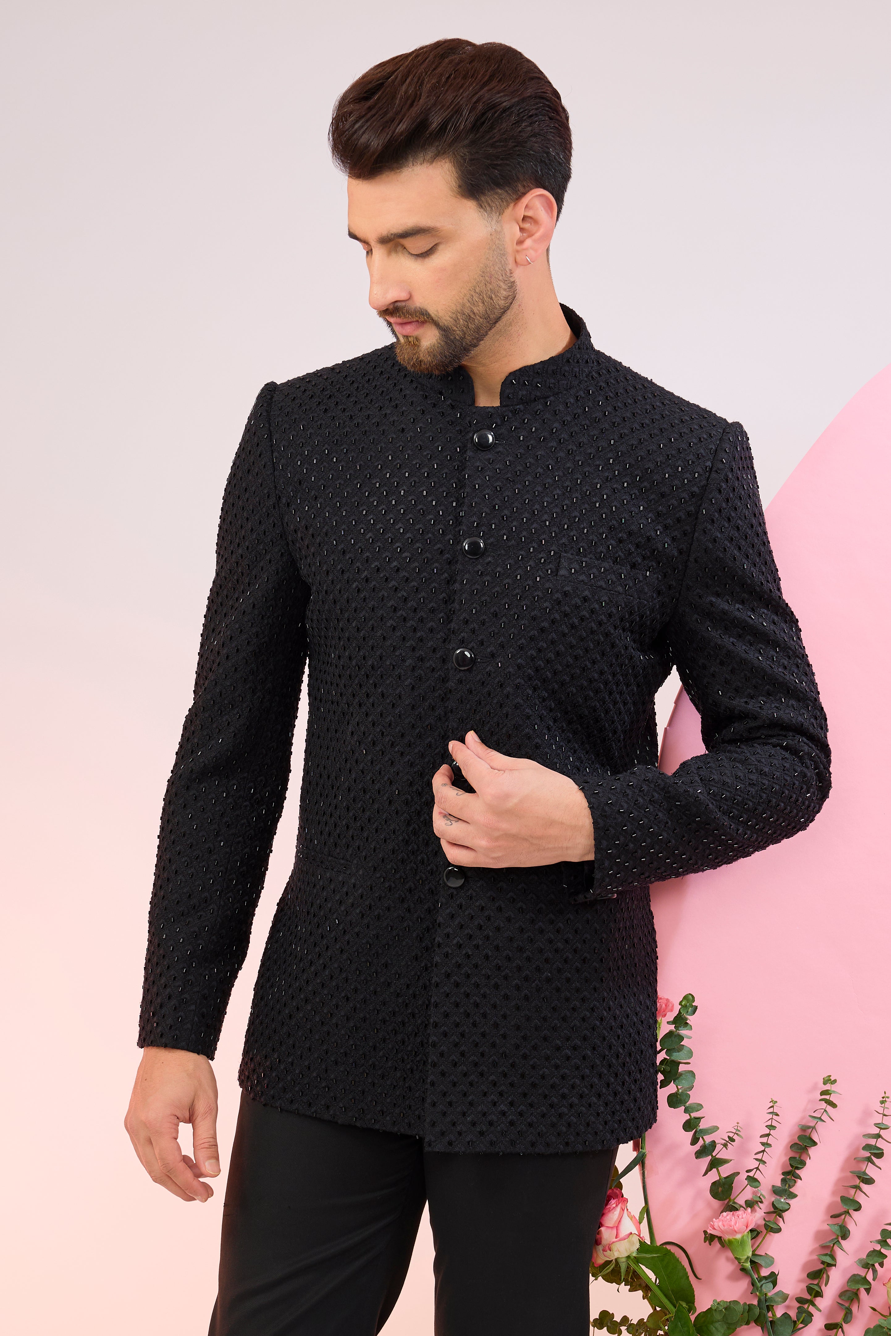 black bandhgala with intricate cut dana embroidery