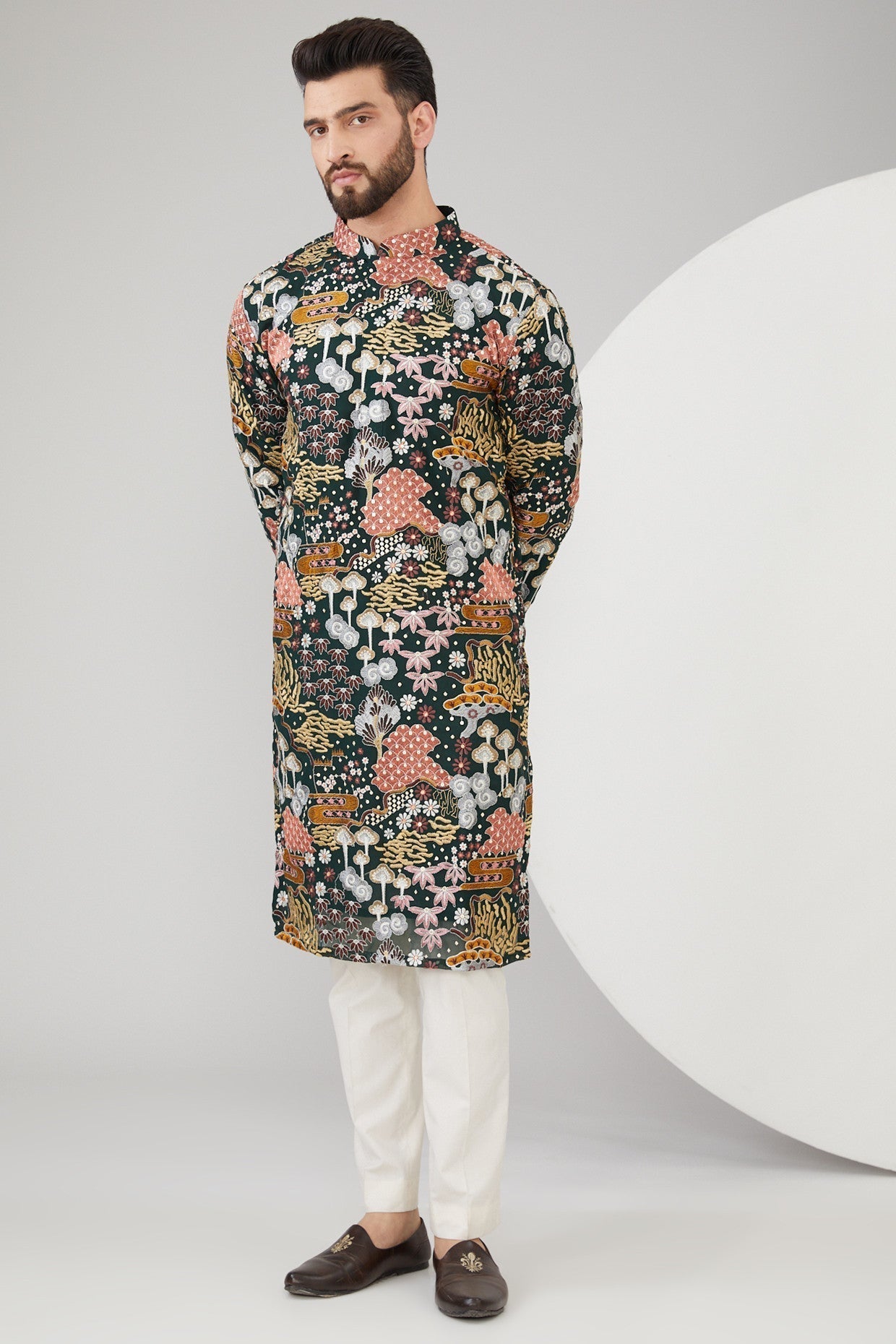 Bottle Green Georgette Embroidered Kurta - kasbahmen