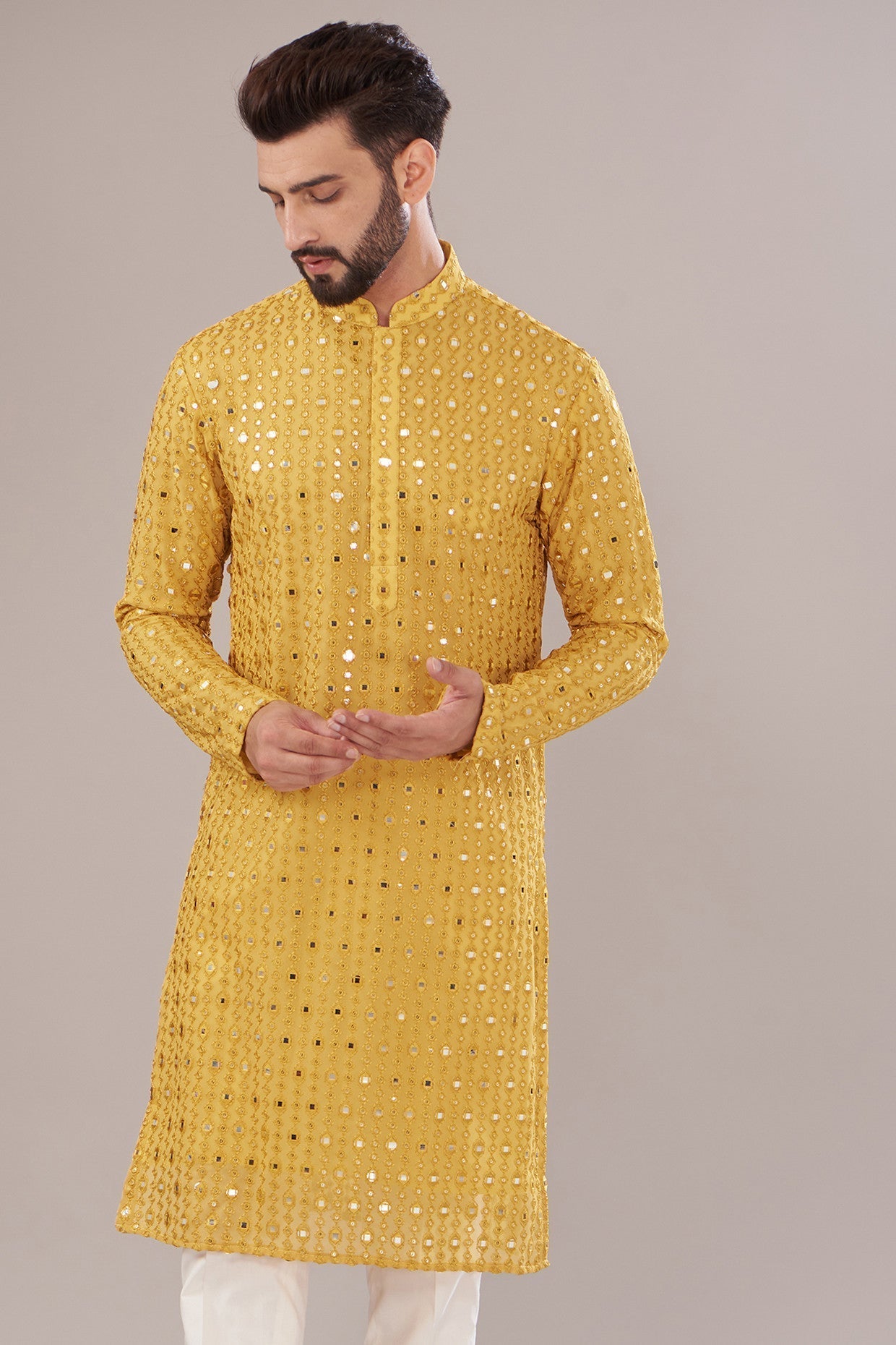 Mustard Georgette Embroidered Kurta - kasbahmen