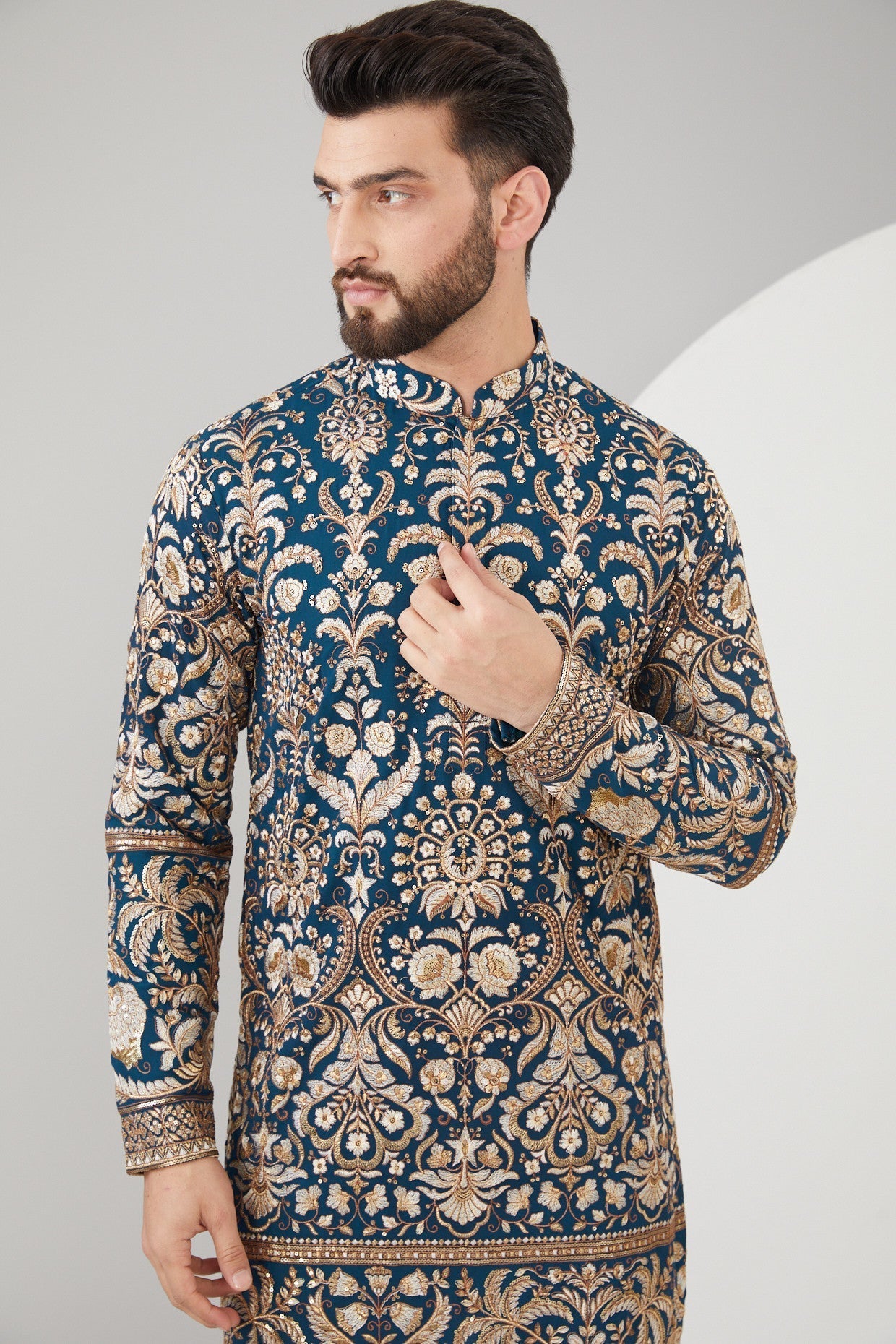 Royal Blue Georgette Floral Embroidered Kurta - kasbahmen