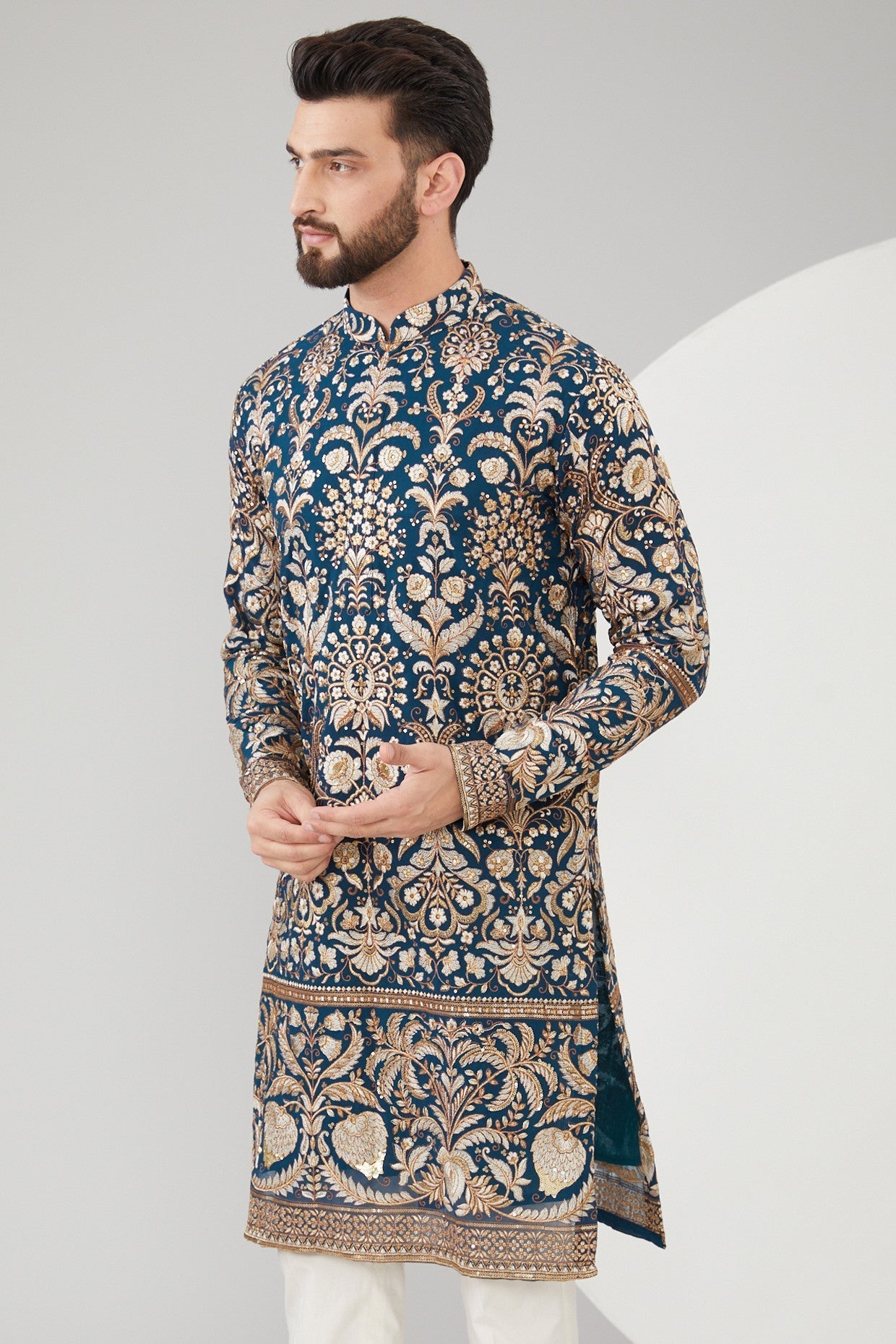 Royal Blue Georgette Floral Embroidered Kurta - kasbahmen