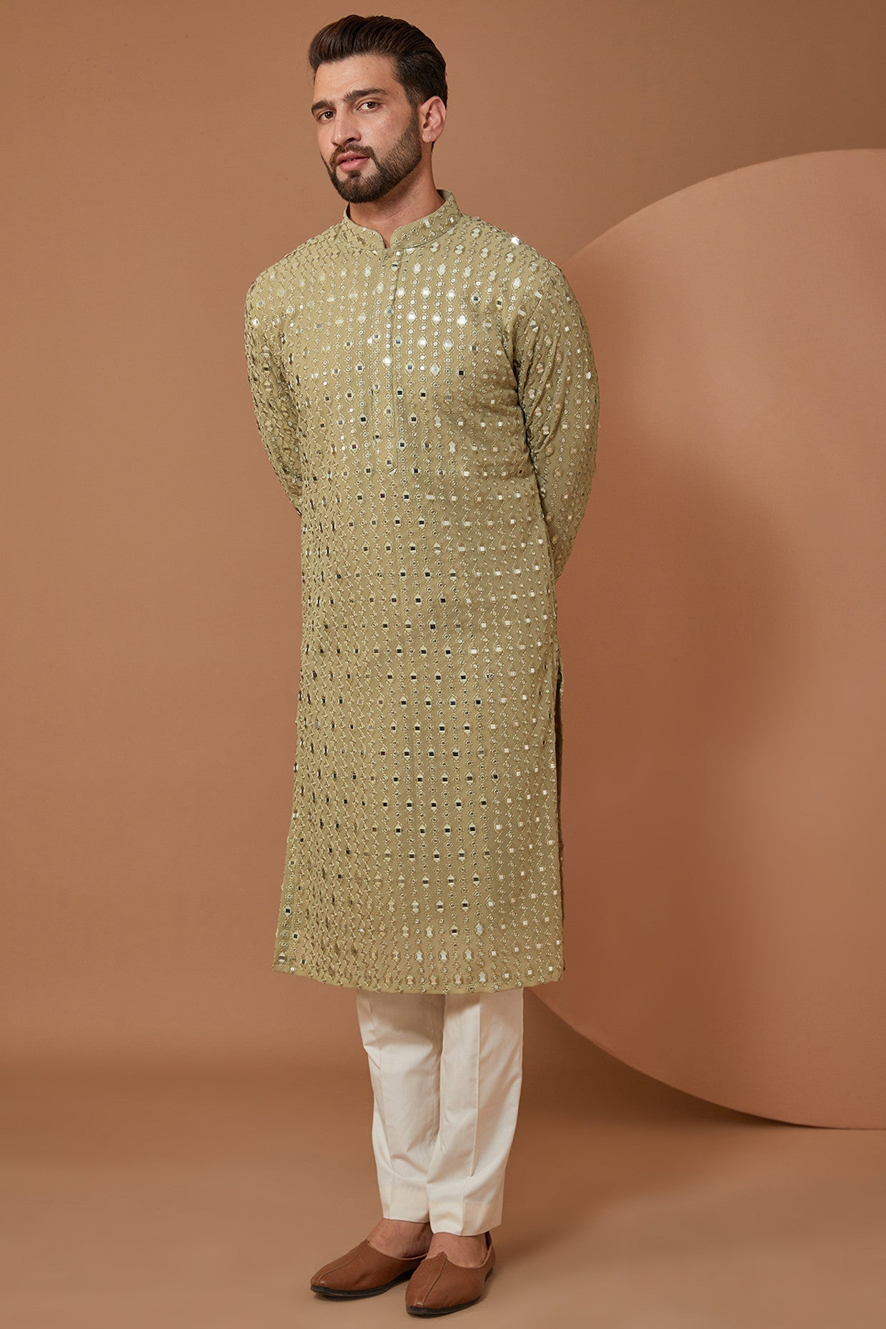 Light Mehndi Green Mirrorwork Kurta - kasbahmen