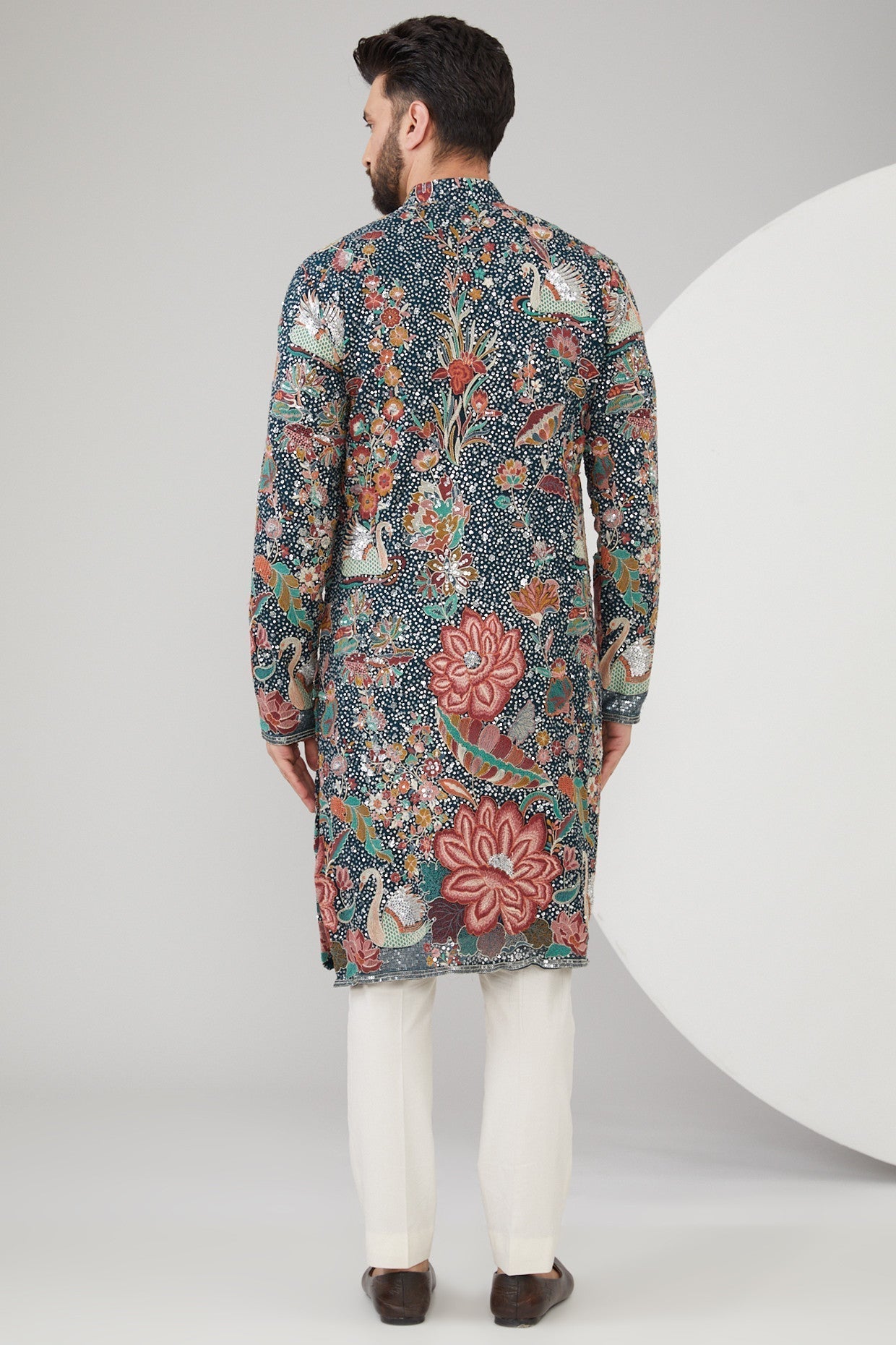 Teal Blue Georgette Floral Embroidered Kurta - kasbahmen