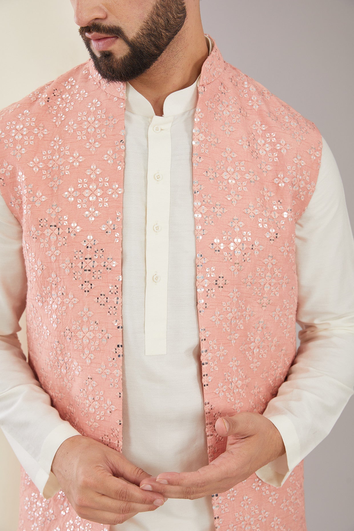 Peach Mirror-work Long Open Shrug - kasbahmen
