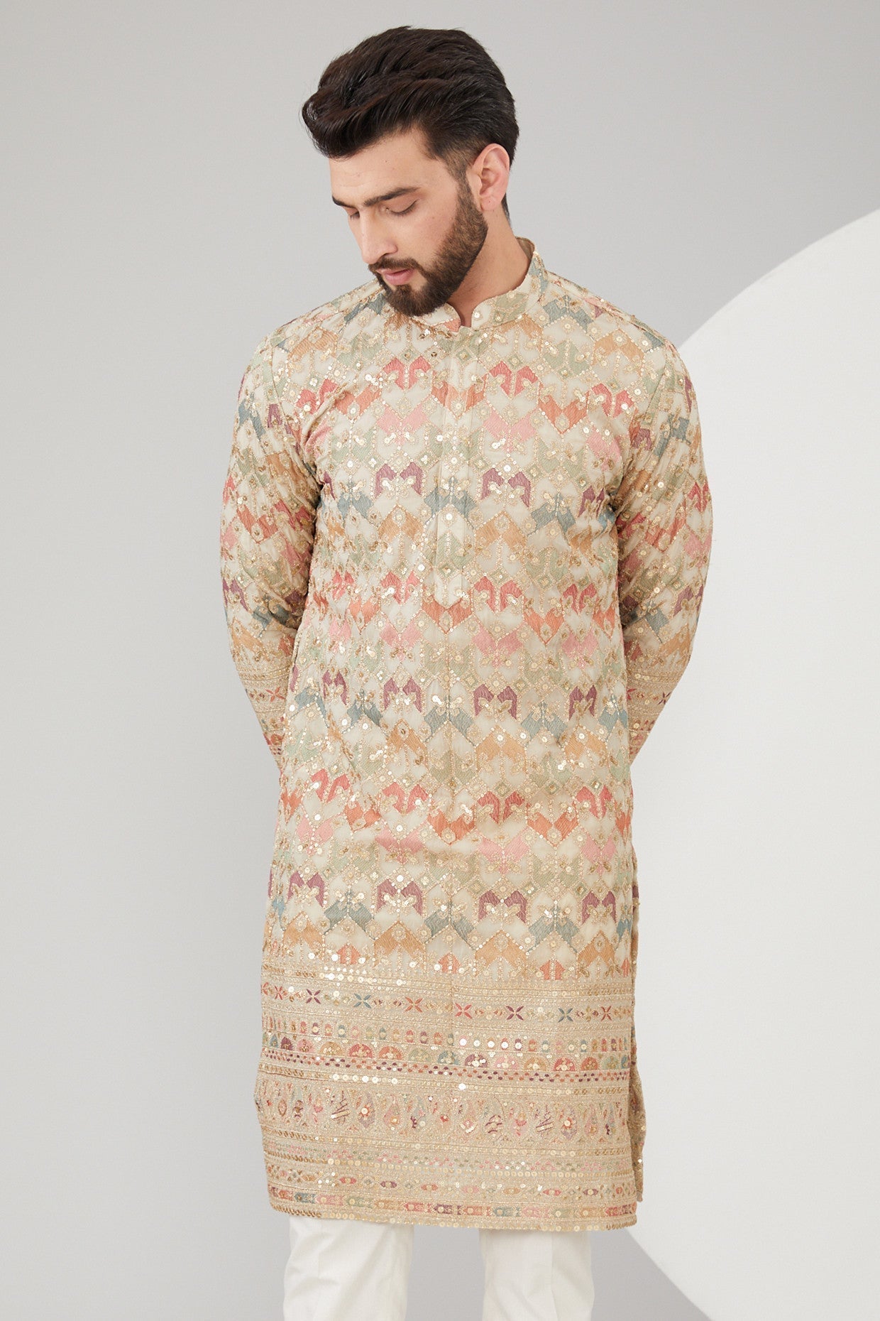 Beige Georgette Sequins Embroidered Kurta - kasbahmen