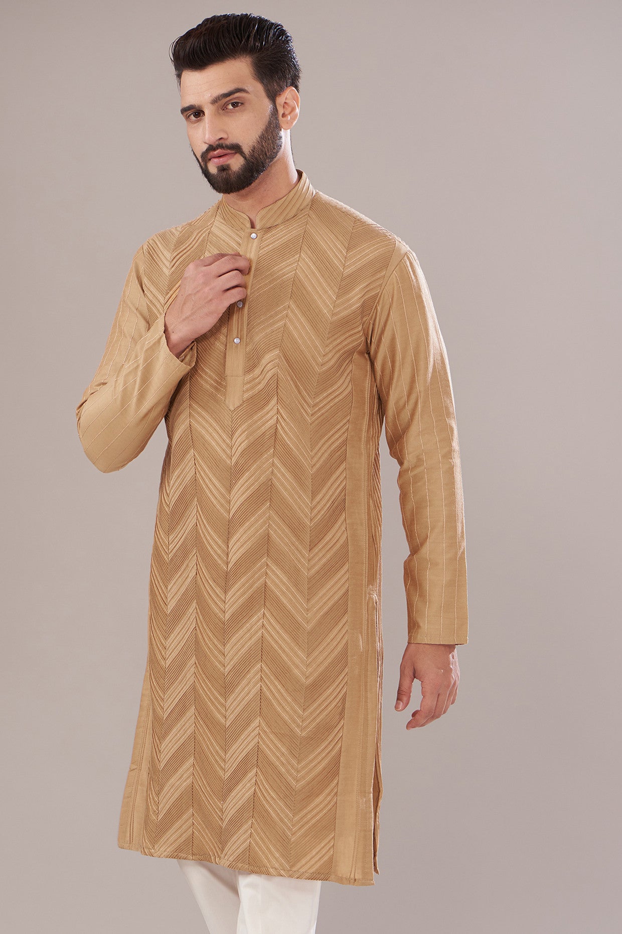 Brown Slub Silk Embroidered Kurta - kasbahmen