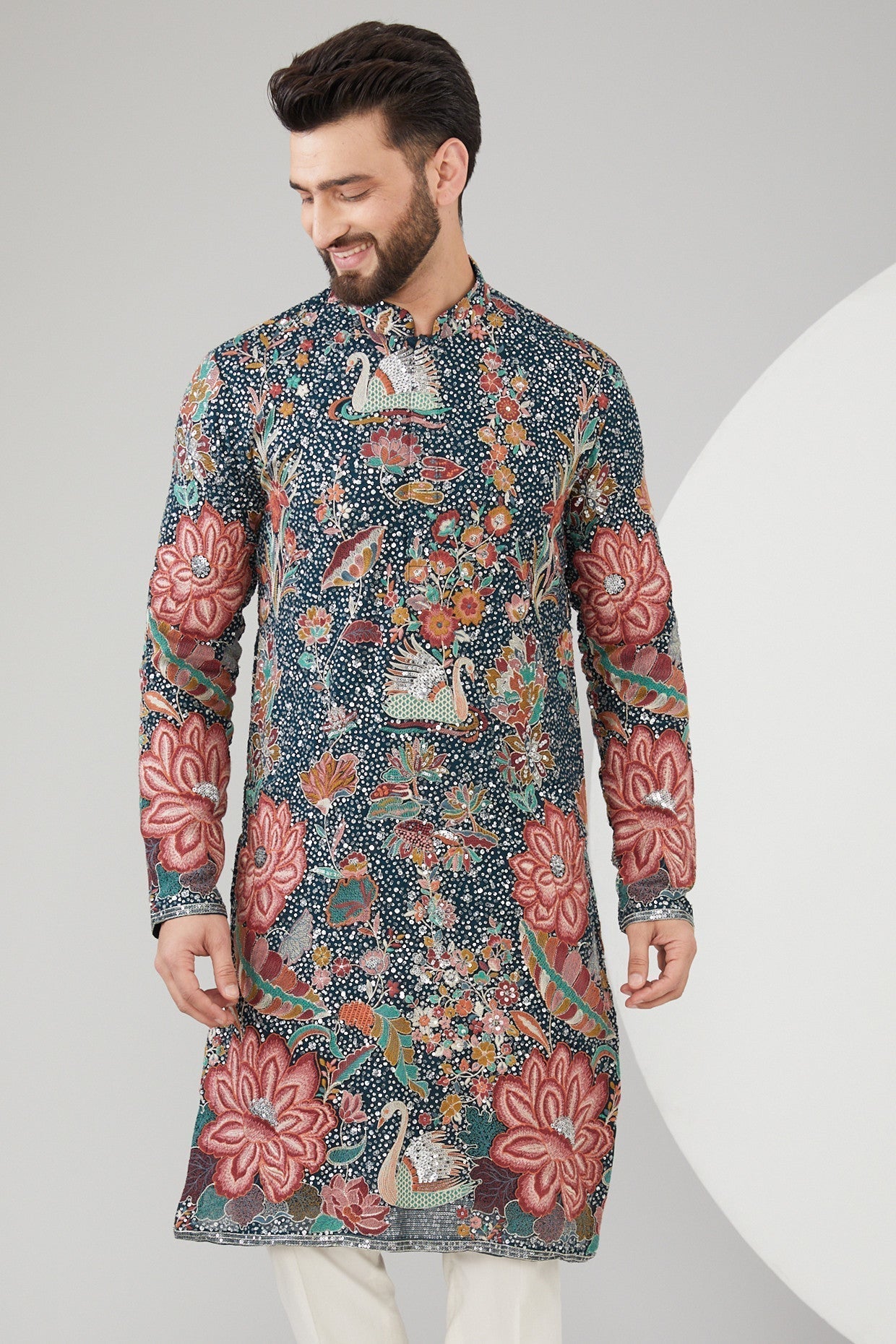 Teal Blue Georgette Floral Embroidered Kurta - kasbahmen