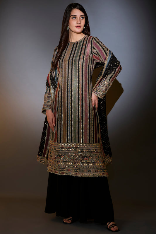 multi color striped suit with intricately done thread and zari work paired with sharara and dupatta