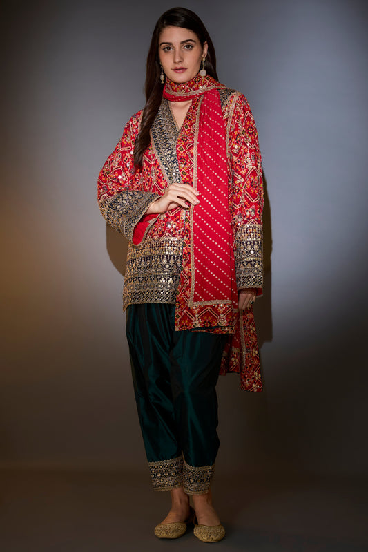 suit set with short bandhni kurta with intricate aari work paired with banarsi dupatta with borders and silk salwar