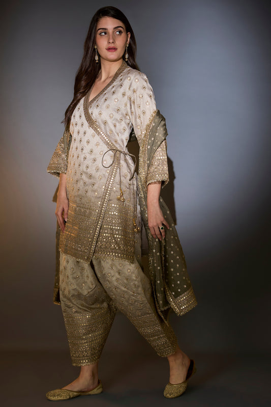 sage green ombre shades silk suit set in angrakha style with heavy zari and sequin work