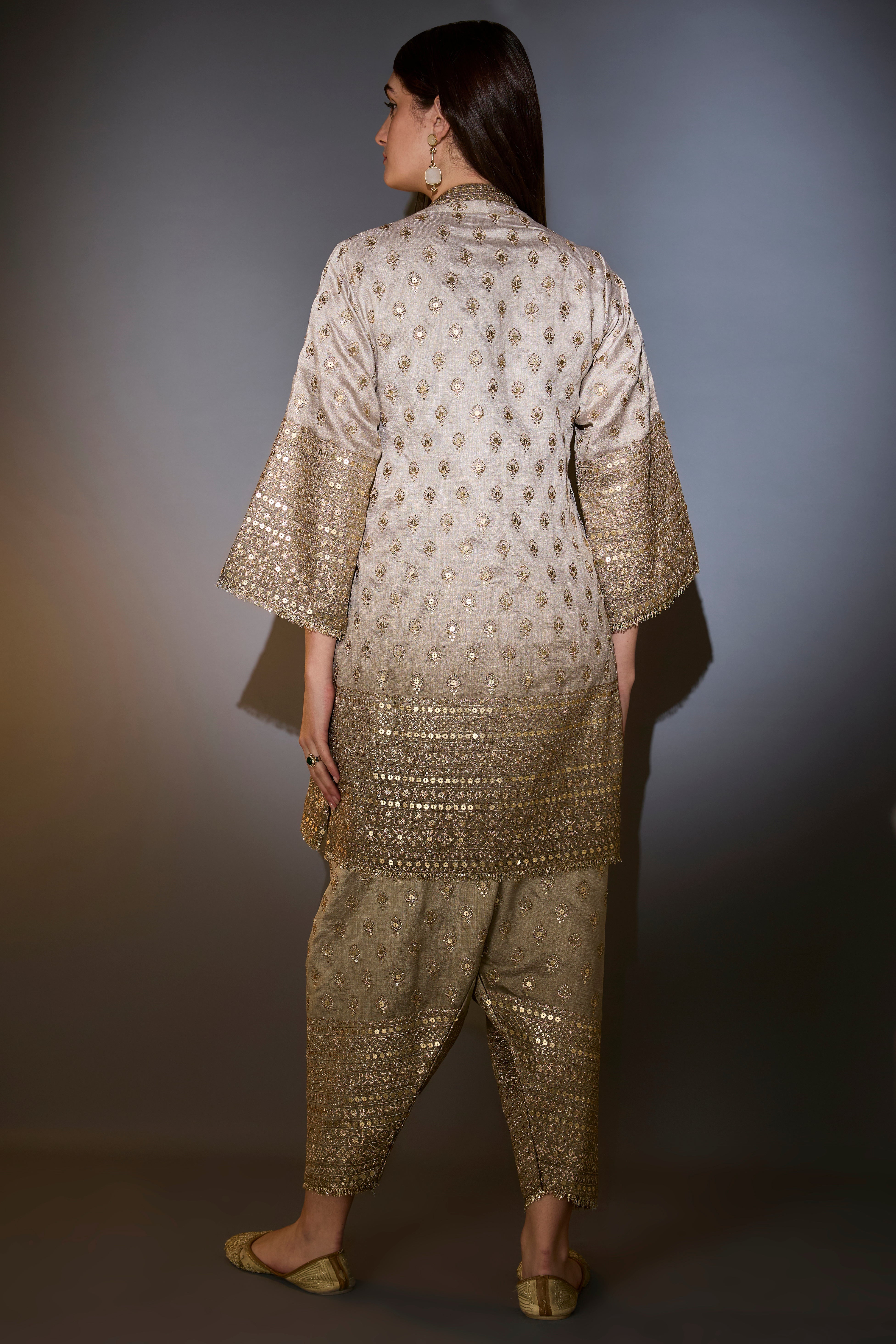 sage green ombre shades silk suit set in angrakha style with heavy zari and sequin work