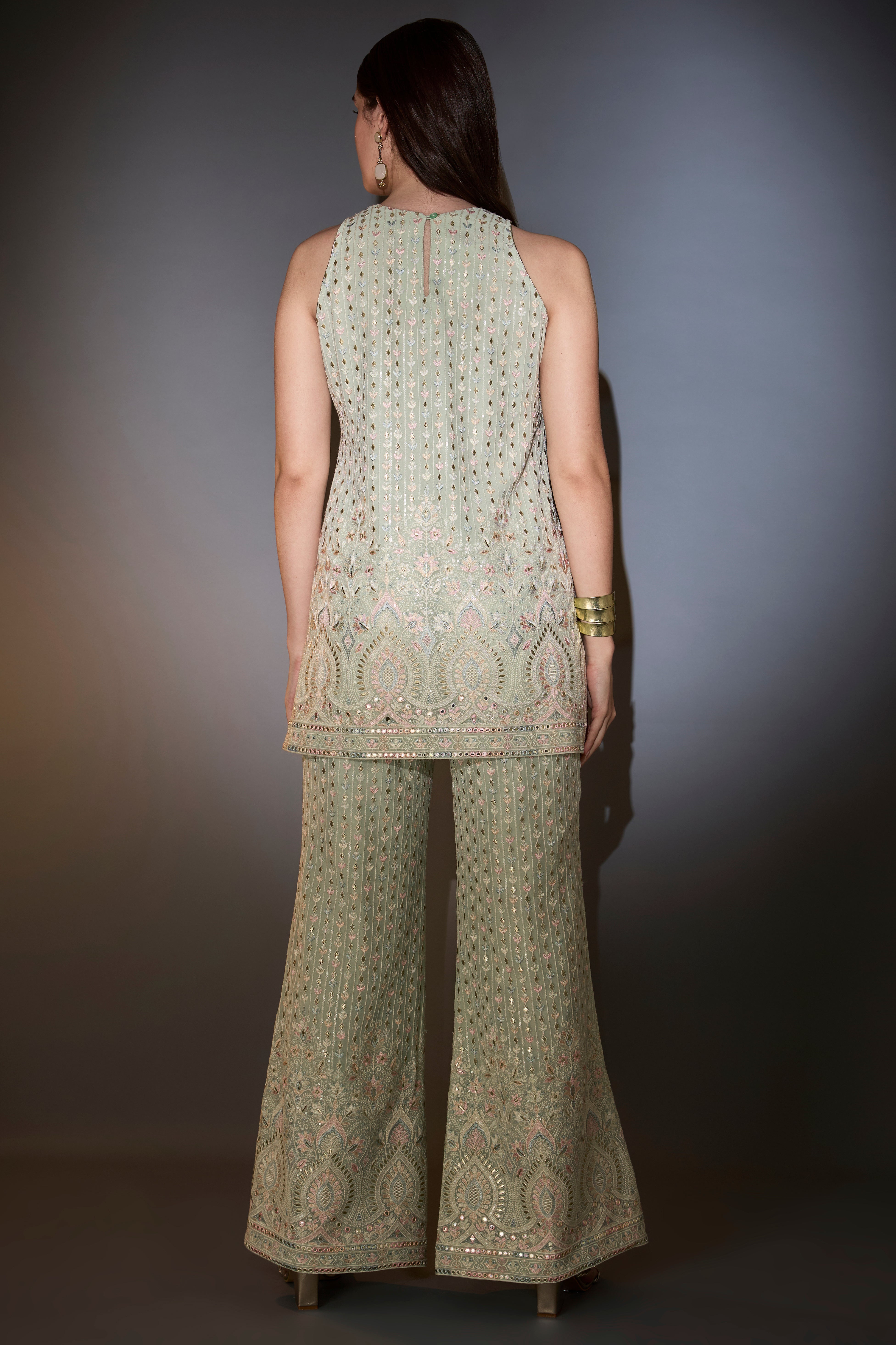 sea green co ord set with mult threadwork