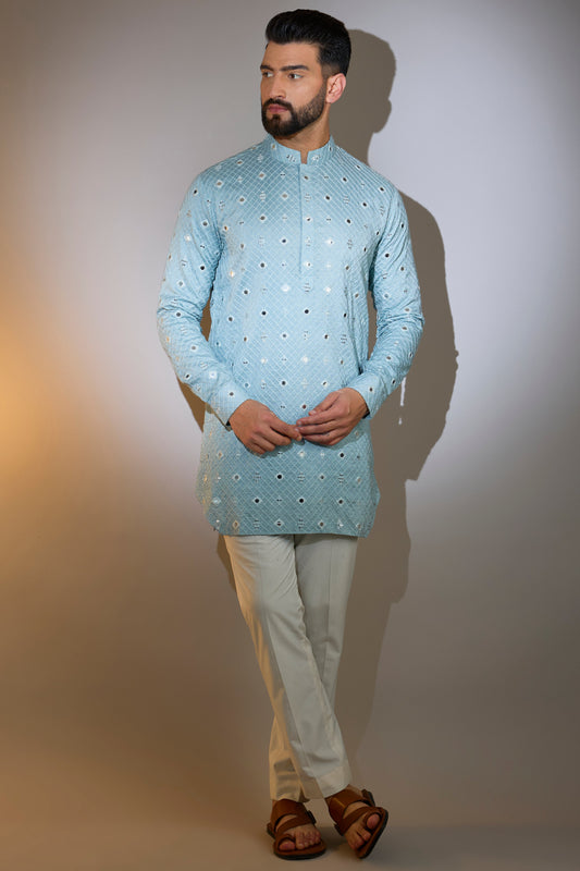 powder blue short mirror work kurta