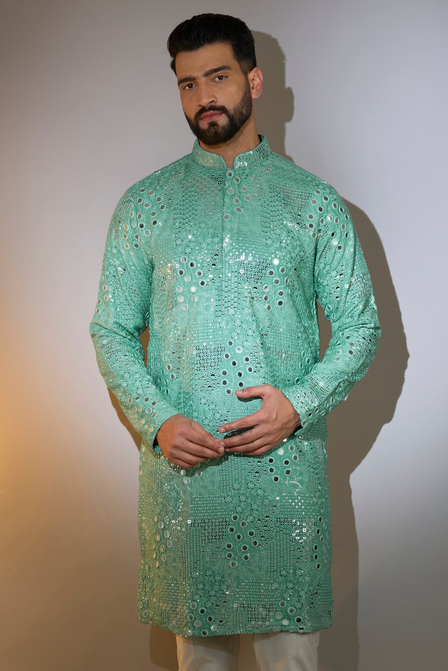 sage green mirror work kurta