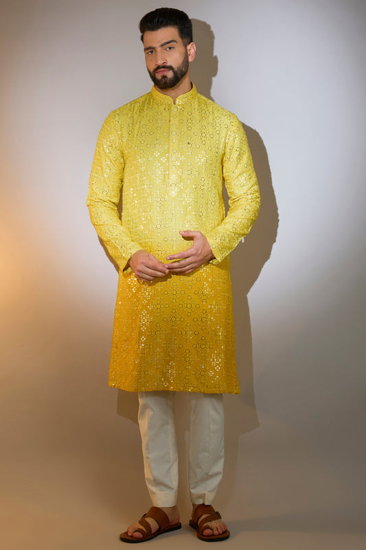 signature yellow ombre shaded mirror work kurta