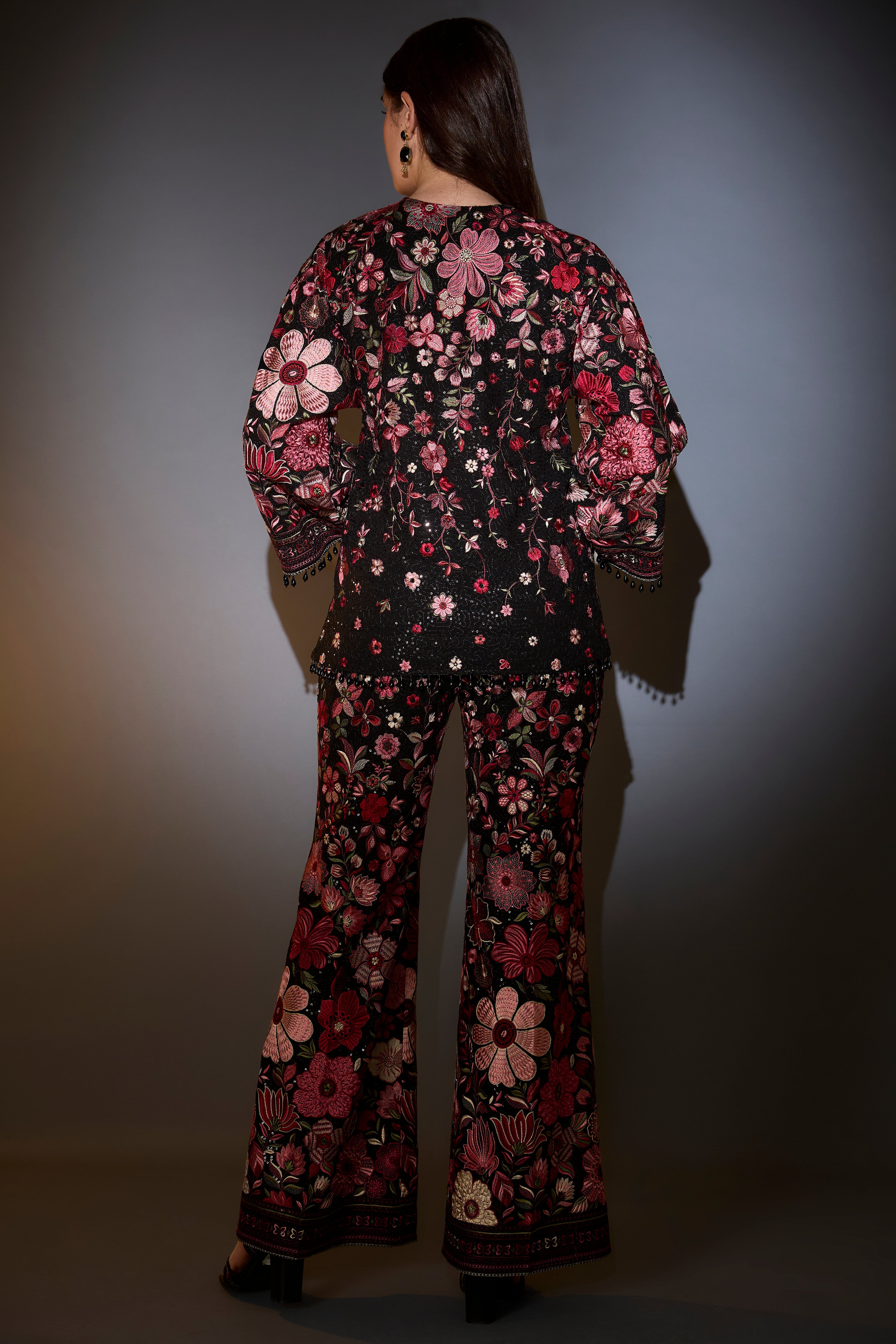 multi coloured floral tunic set with boot cut trousers