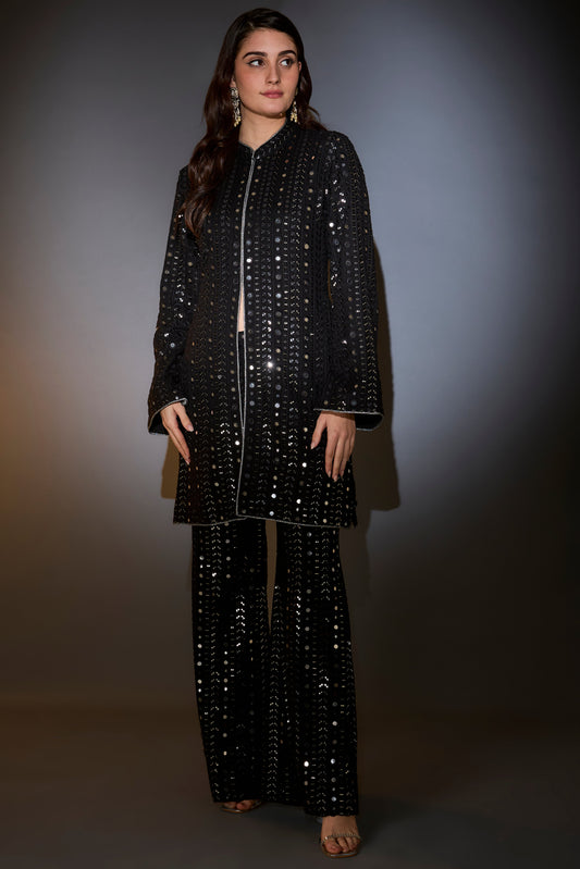 black mirror work indo western co ord set with mirror work boot cut trousers