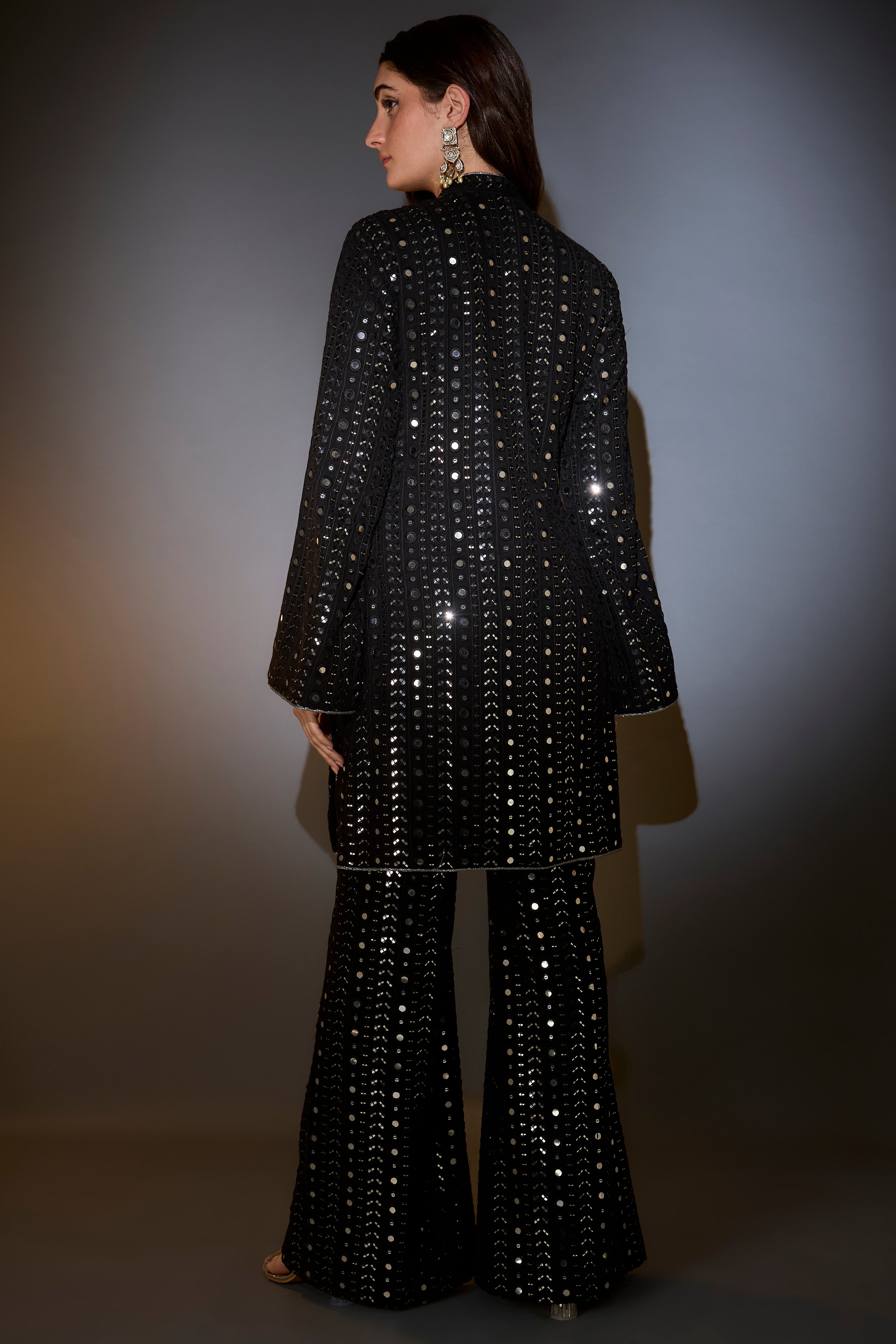 black mirror work indo western co ord set with mirror work boot cut trousers
