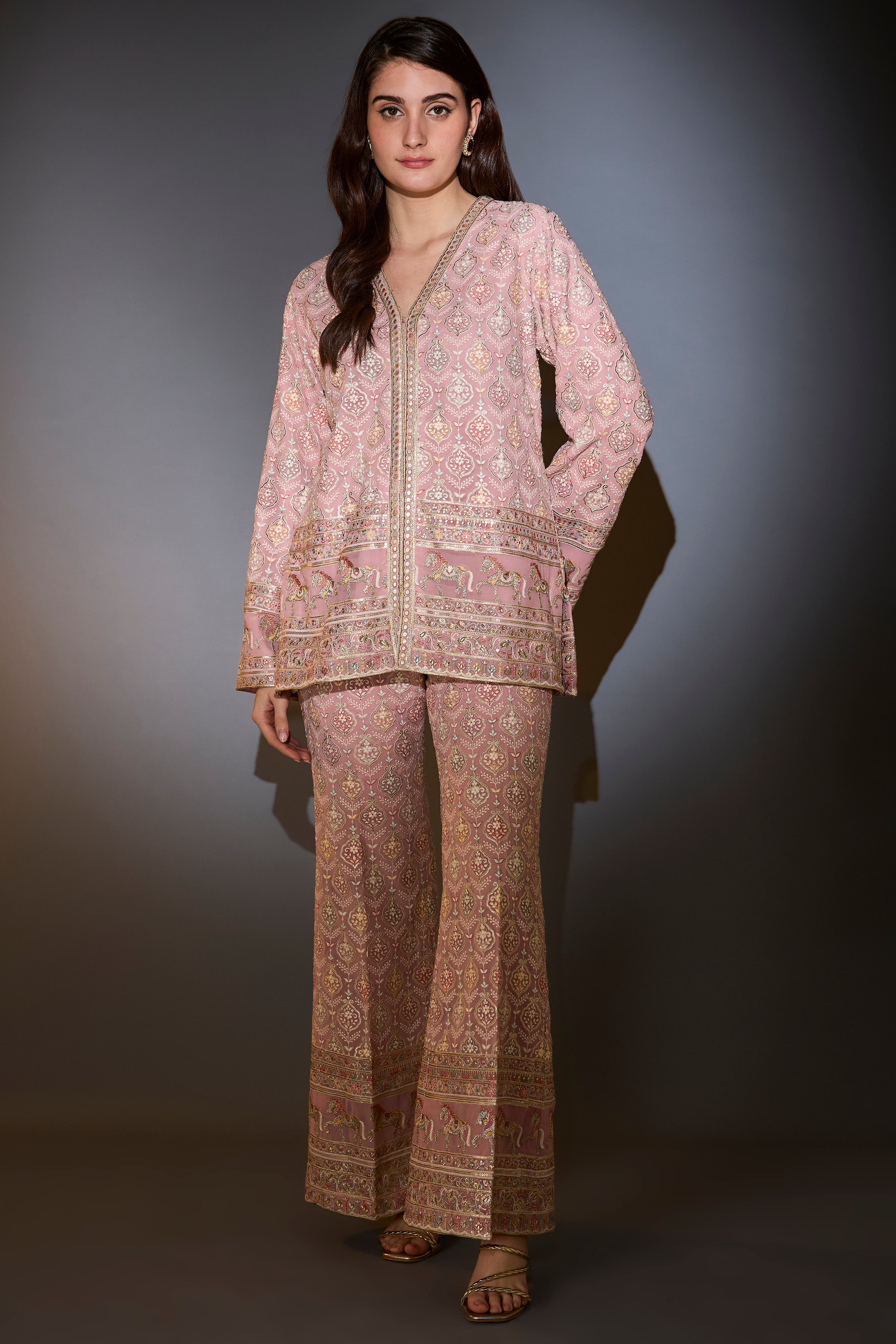 blush pink co ord set with muti thread and zari work and horse motifs