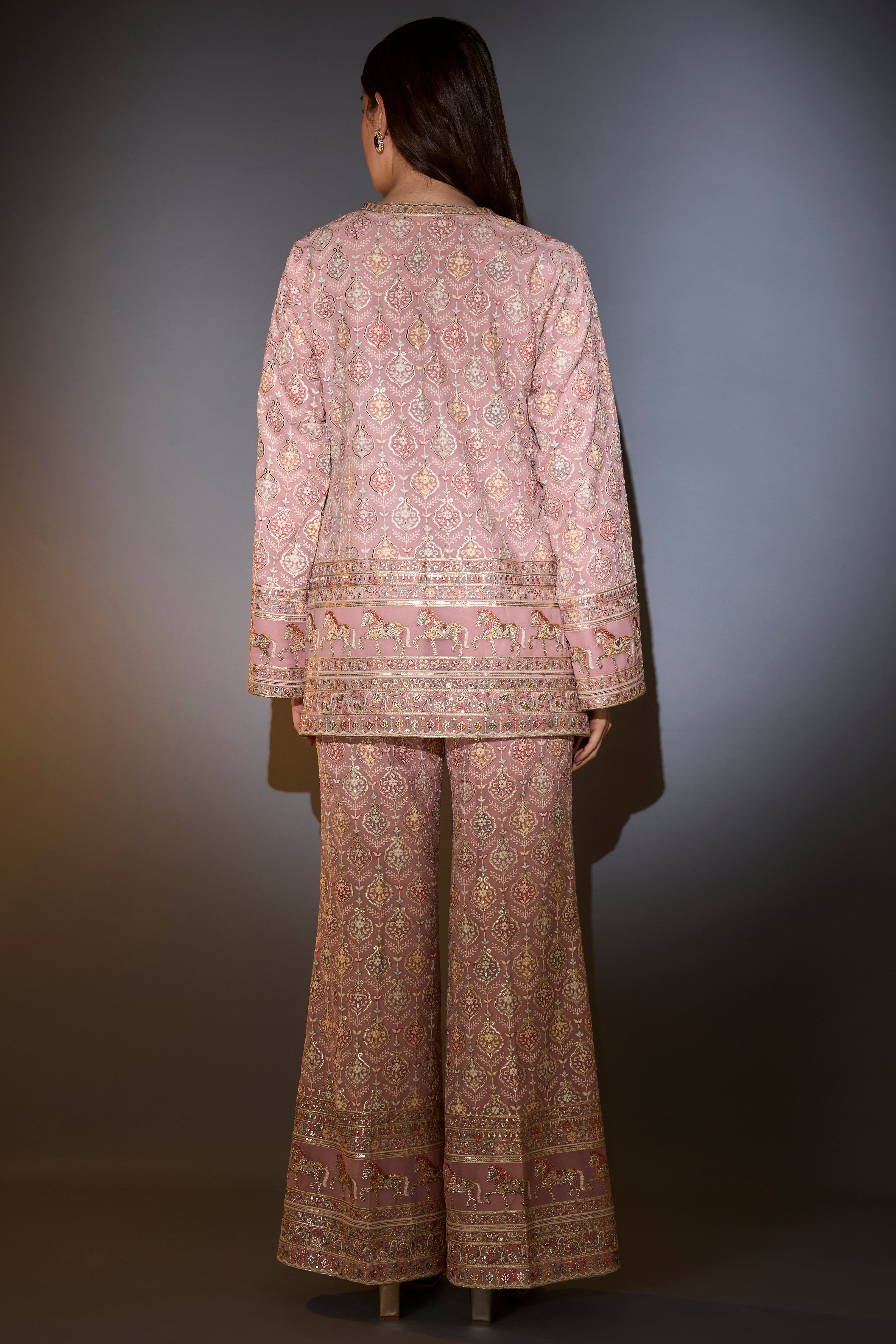 blush pink co ord set with muti thread and zari work and horse motifs