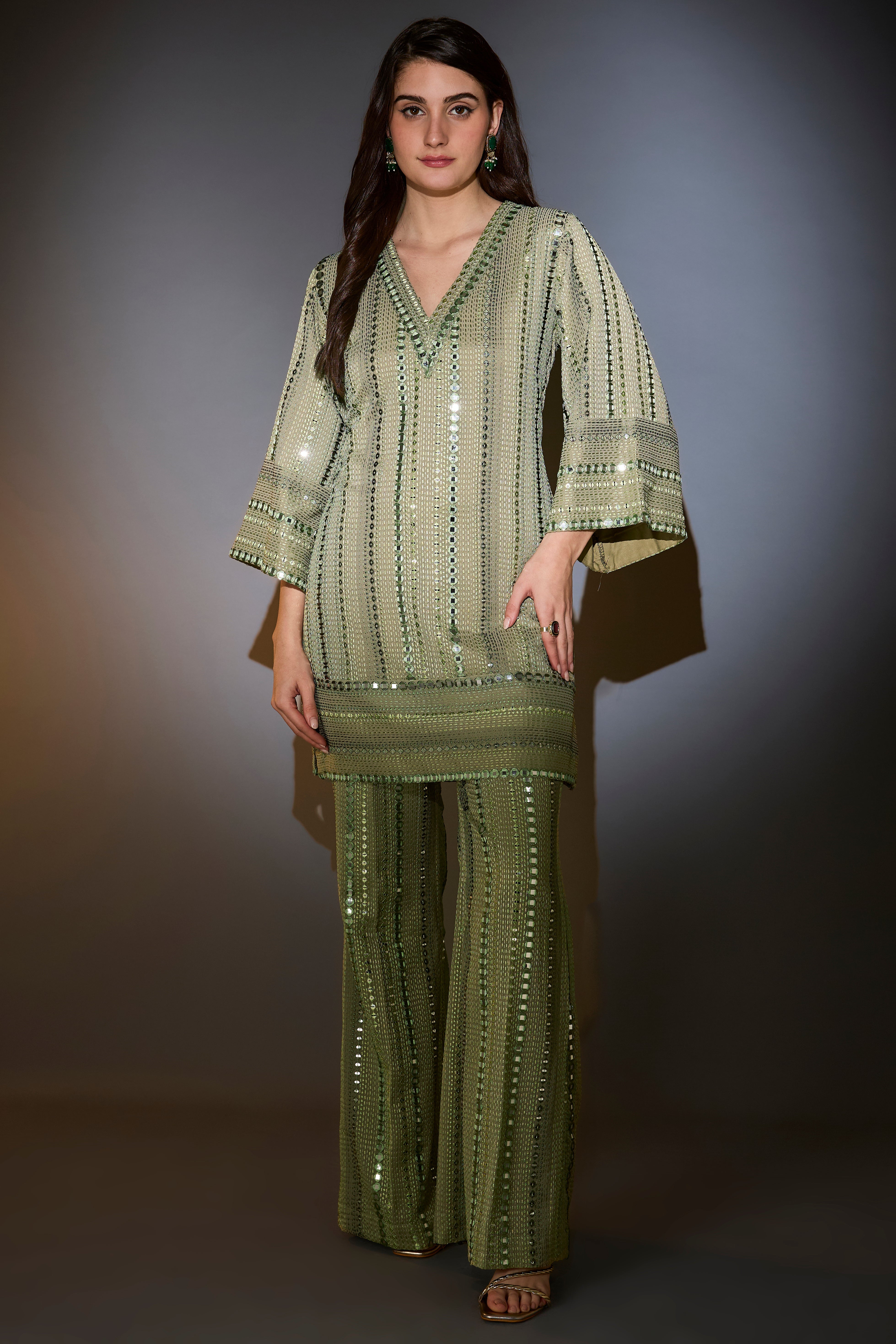 mint green mirror work co ord set with intritcate tone on tone thread work