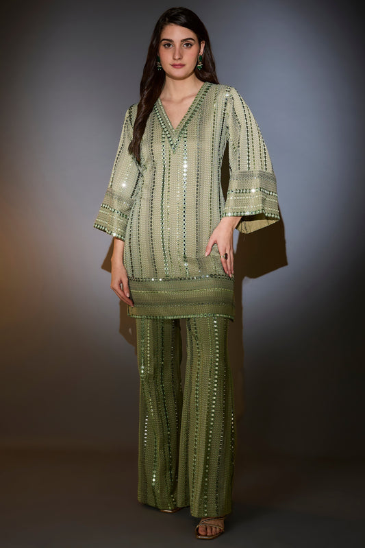 mint green mirror work co ord set with intritcate tone on tone thread work