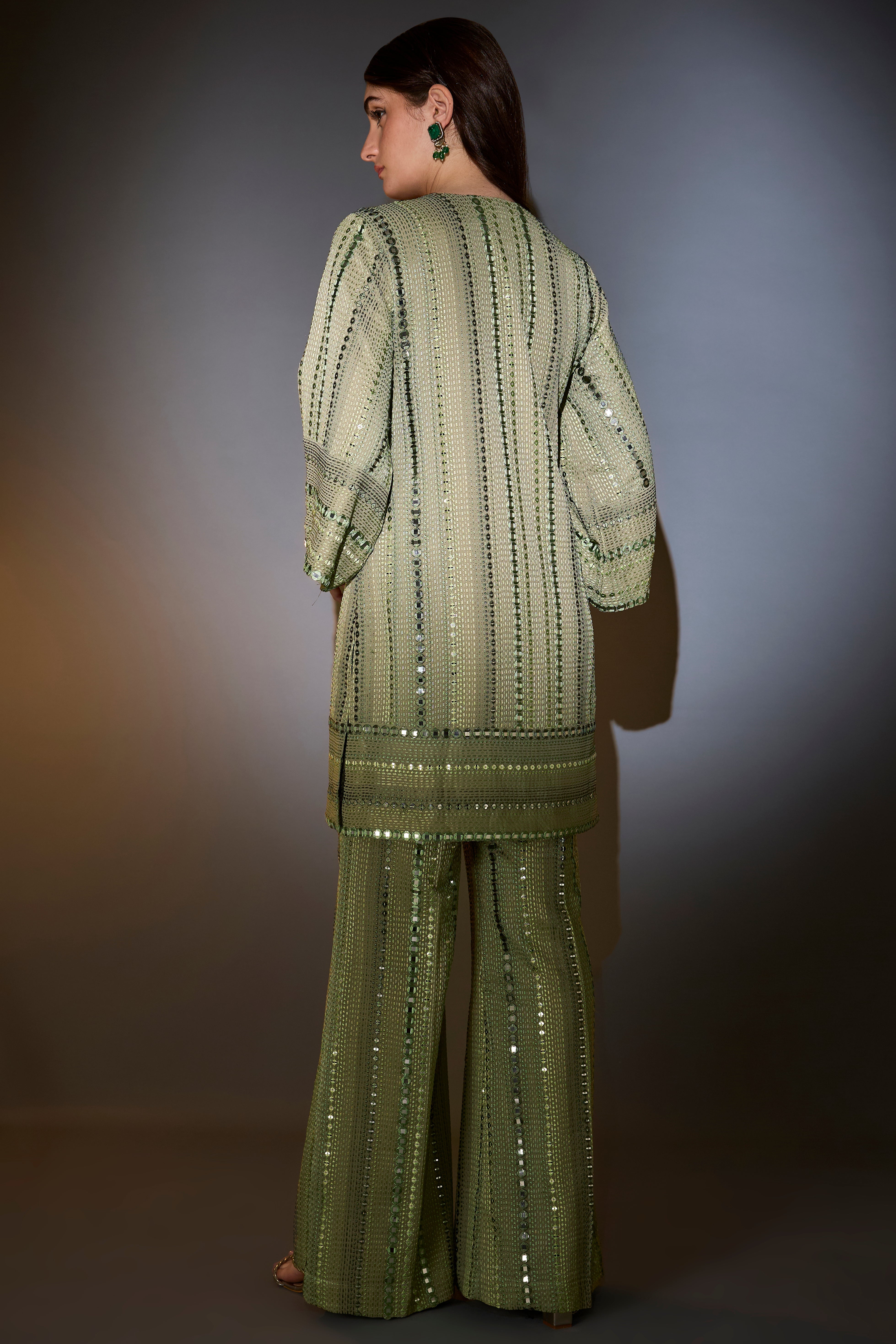 mint green mirror work co ord set with intritcate tone on tone thread work