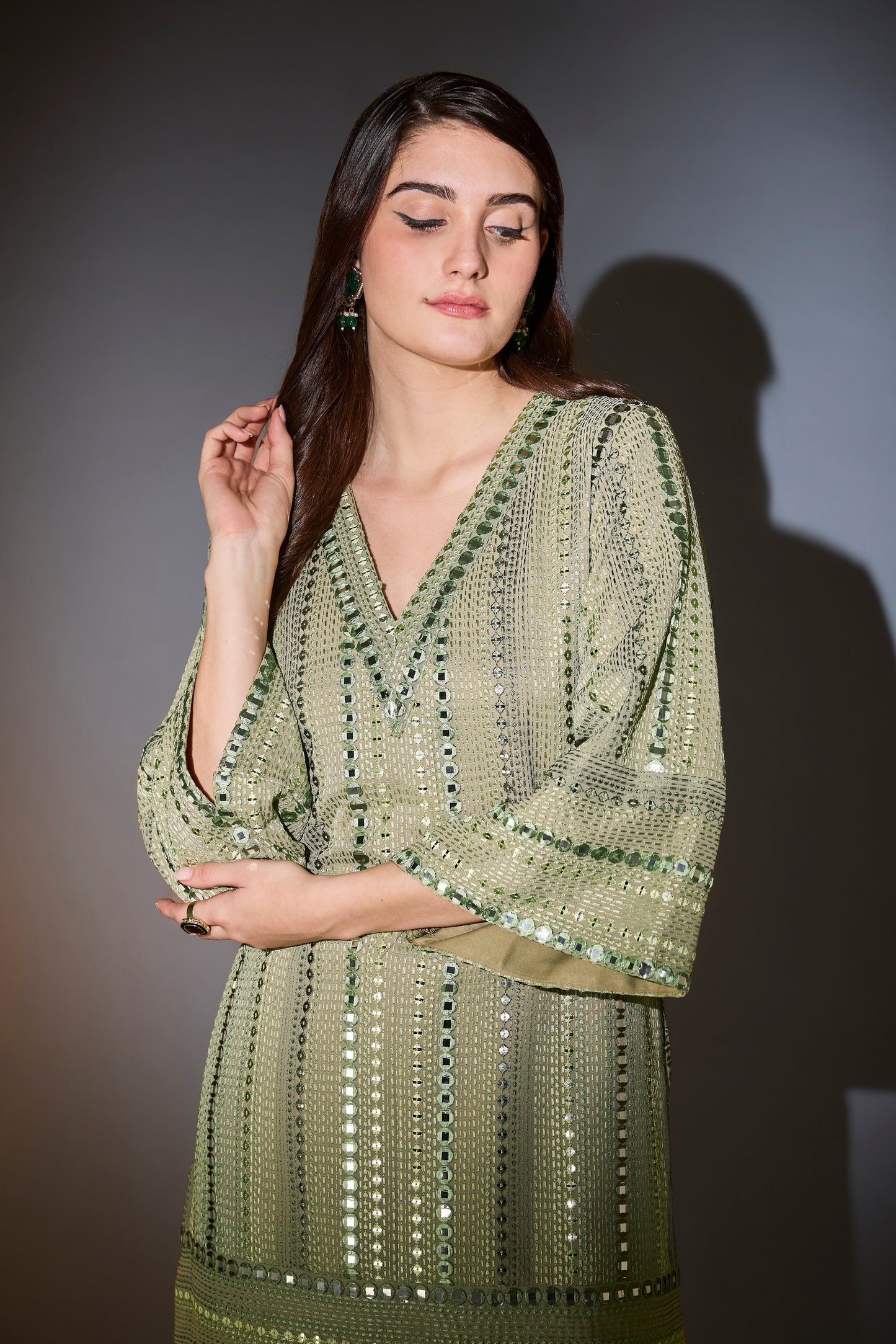 mint green mirror work co ord set with intritcate tone on tone thread work