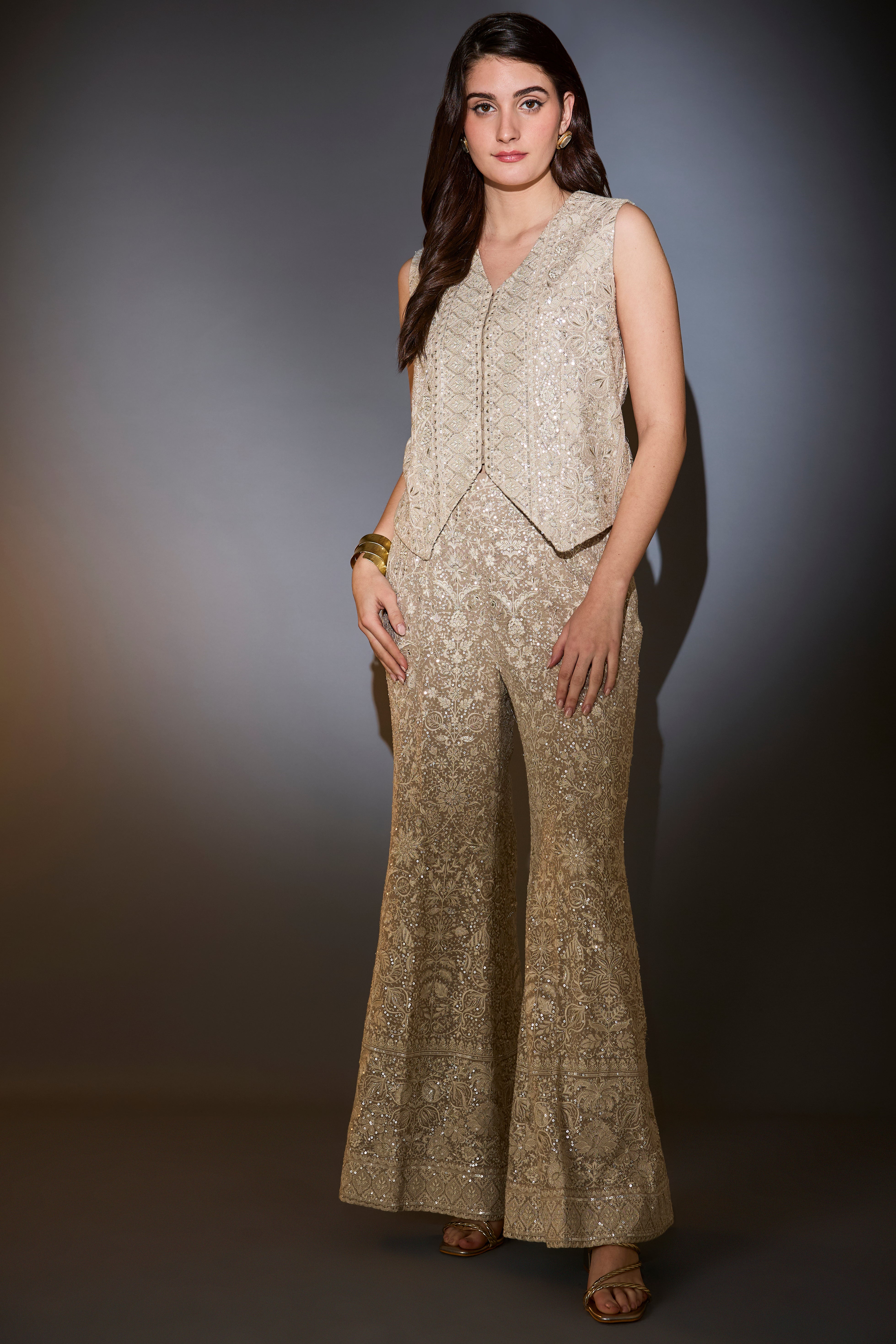mouse colored co ord set including waist jacket and boot cut trousers adorned in intricate ivory thread and sequin embroidery
