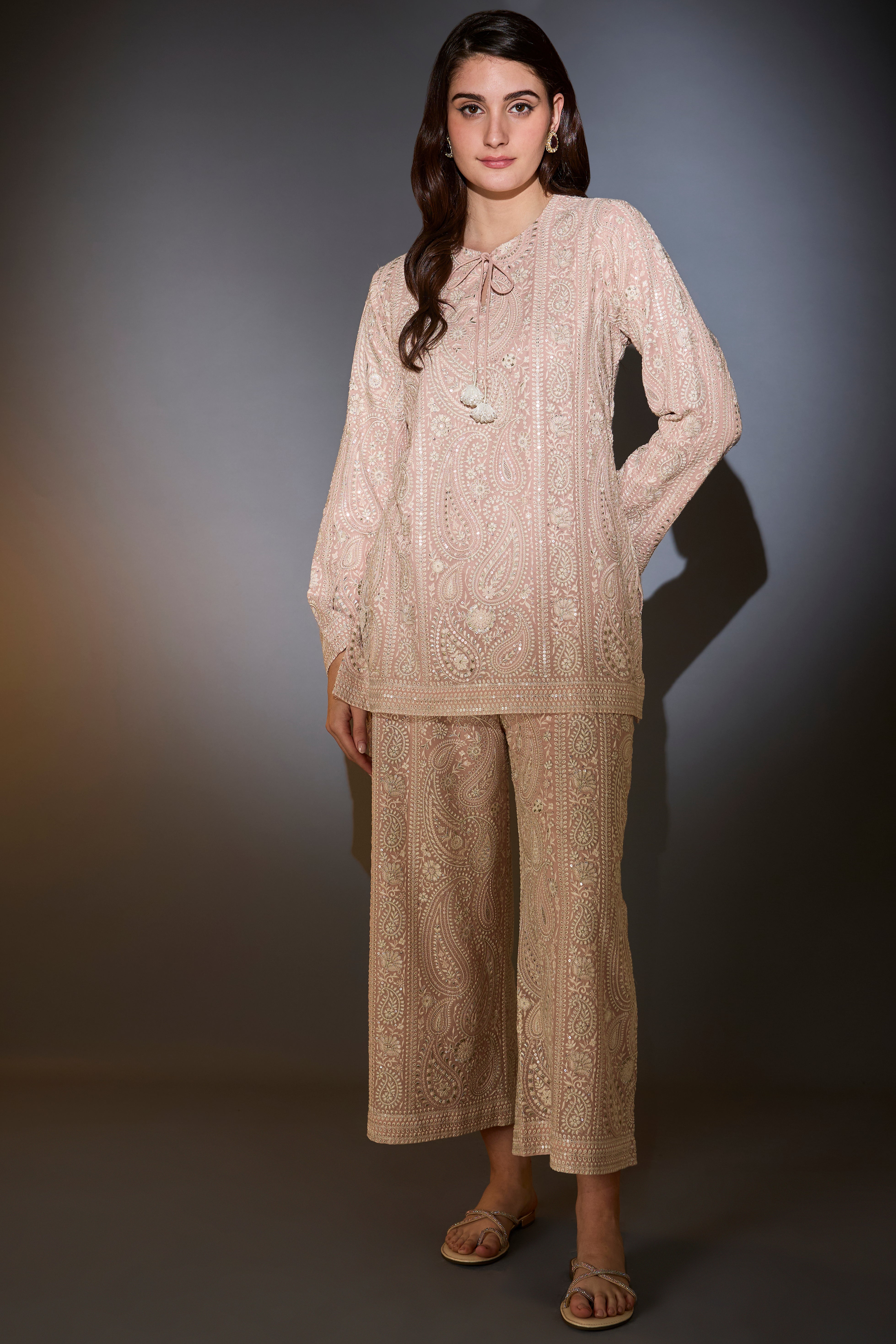 dust pink chikankari co ord set with paisley emboidery