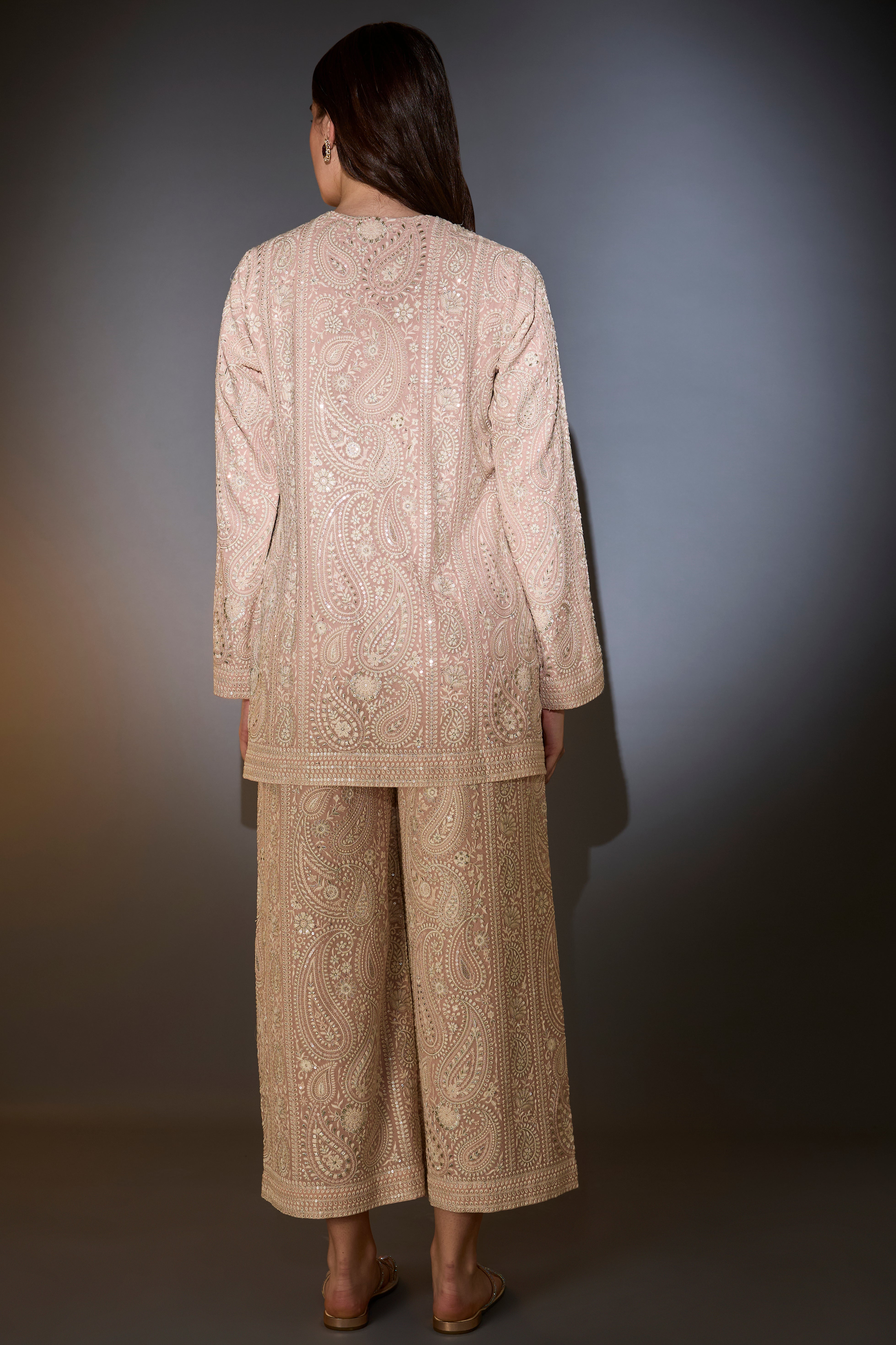 dust pink chikankari co ord set with paisley emboidery