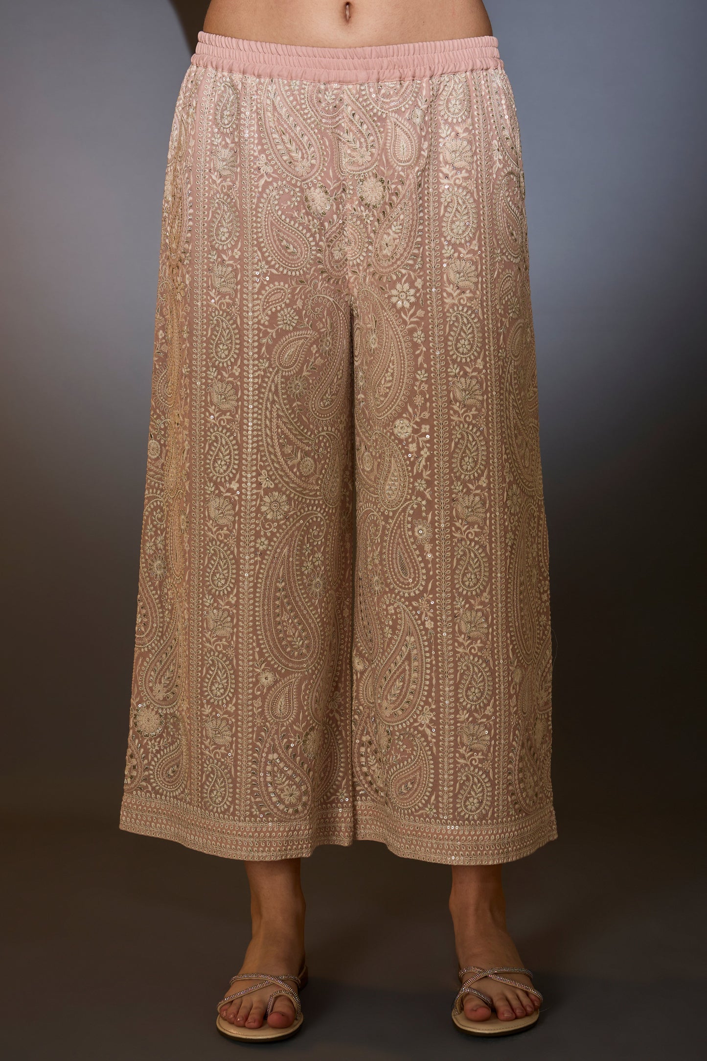 dust pink chikankari co ord set with paisley emboidery