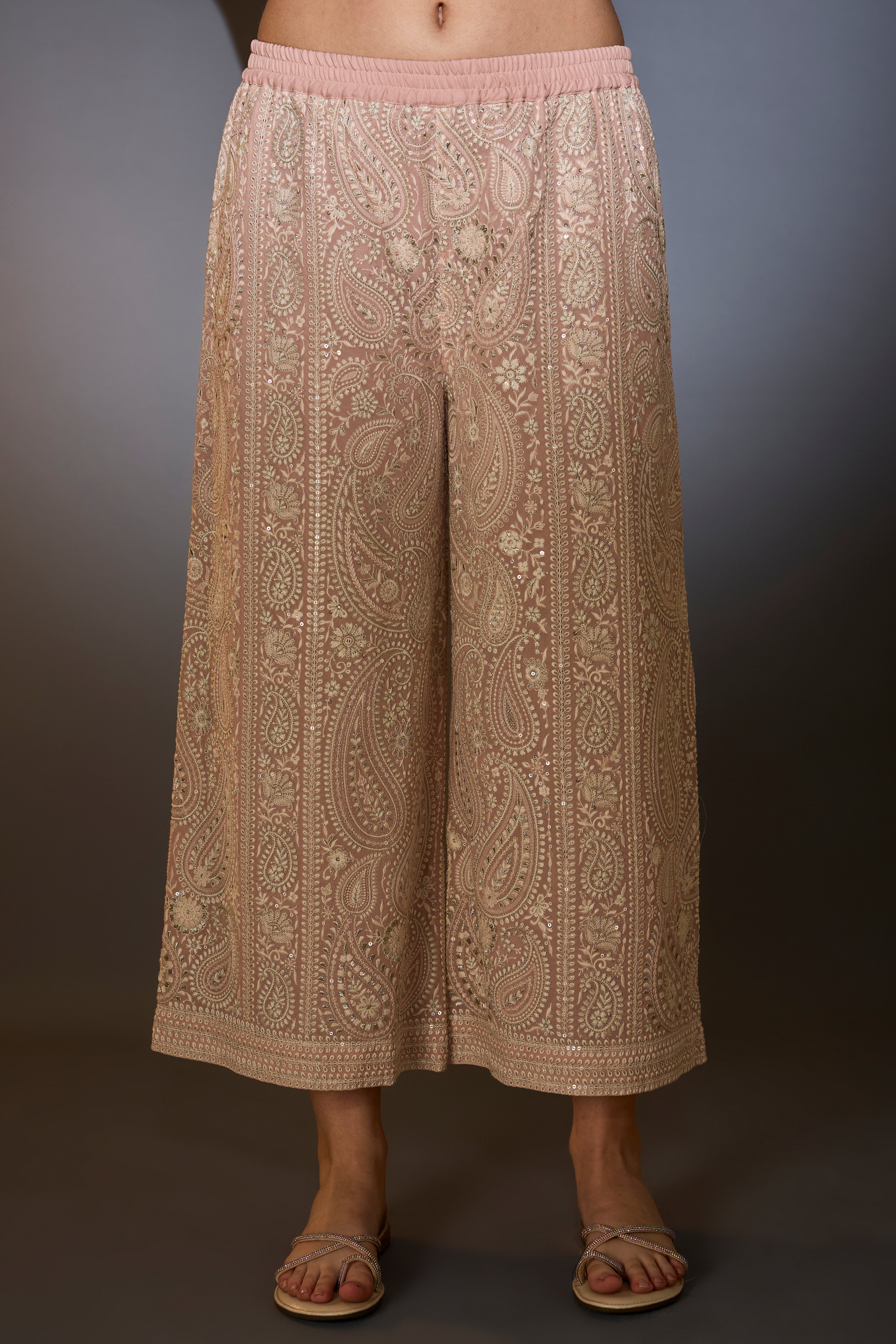 dust pink chikankari co ord set with paisley emboidery