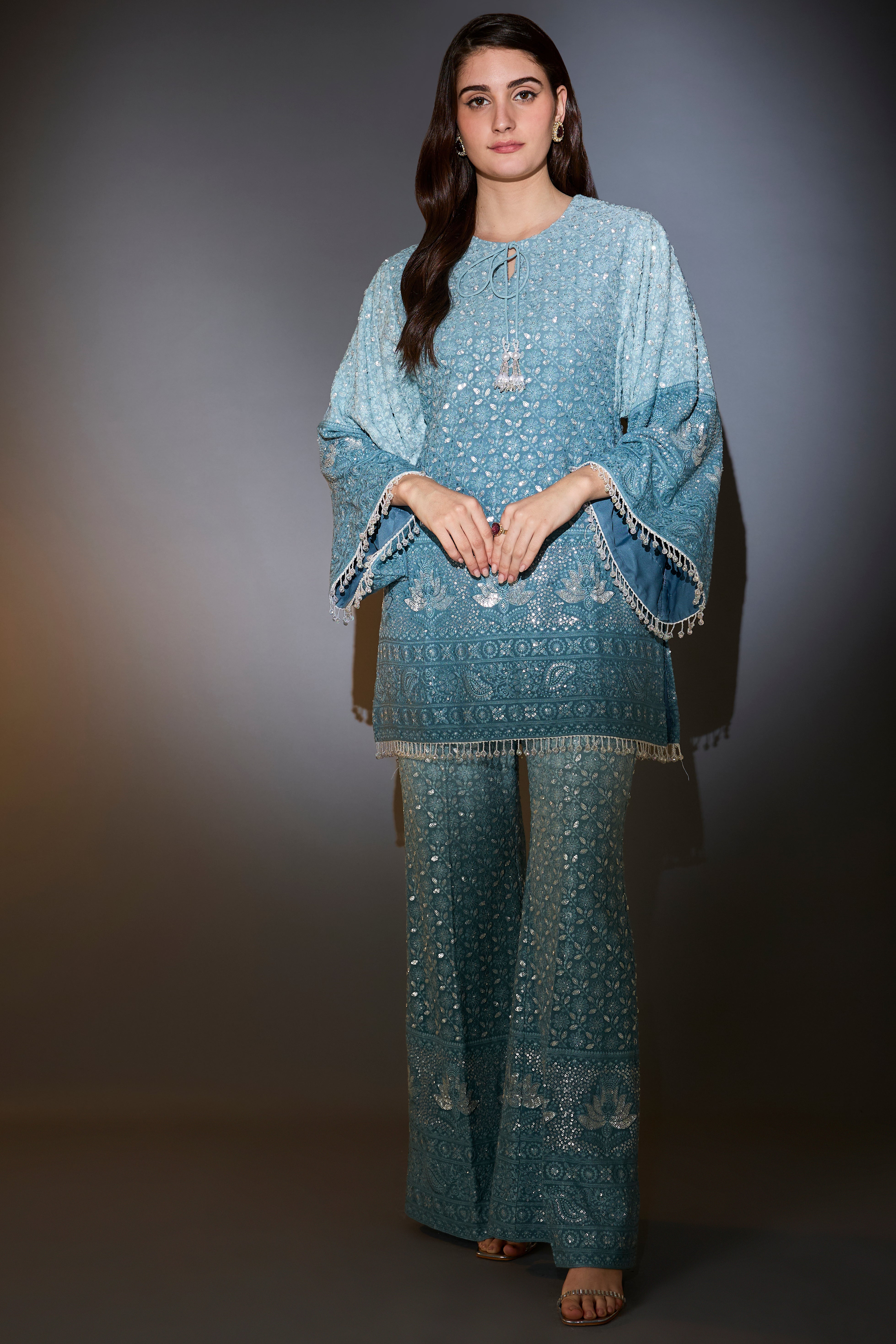 blue ombre chikankari co ord set with detailed thread and sequin embroidery