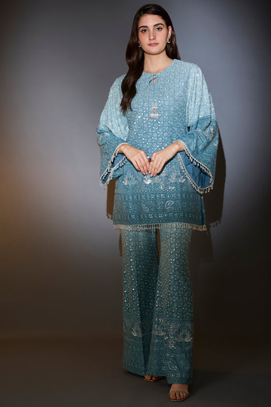 blue ombre chikankari co ord set with detailed thread and sequin embroidery