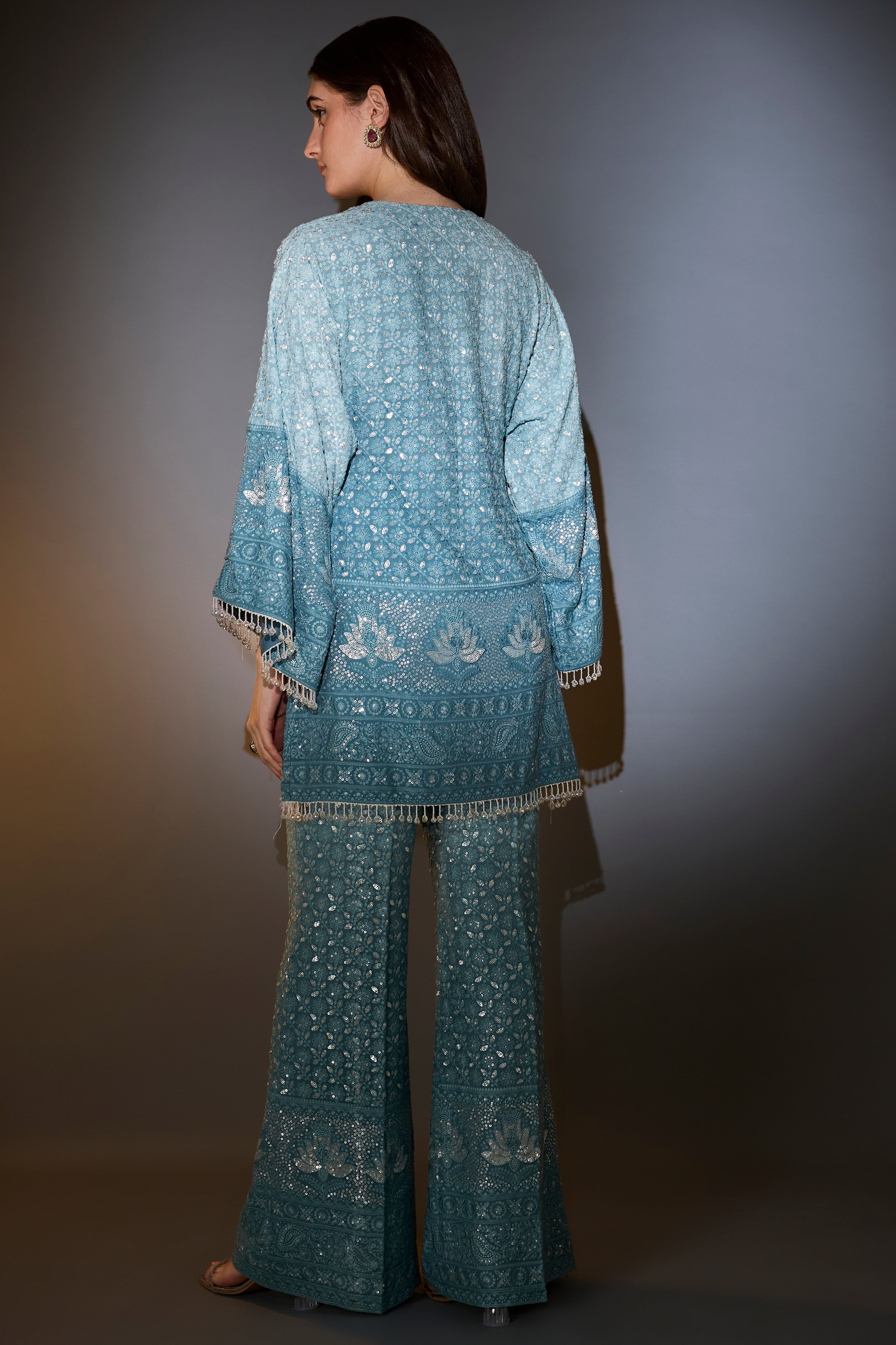 blue ombre chikankari co ord set with detailed thread and sequin embroidery