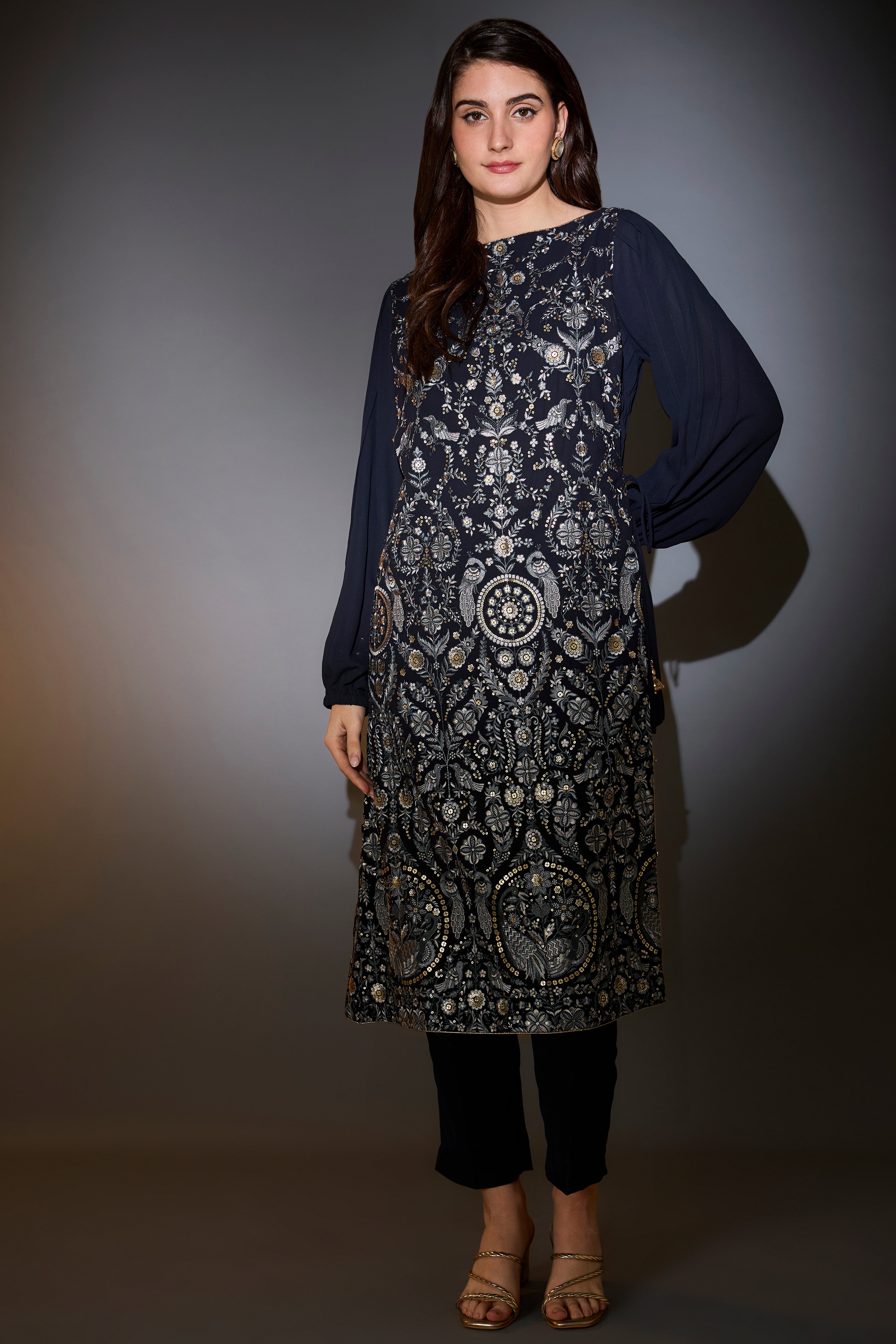 royal blue suit set with intricate thread and sequin embroidery