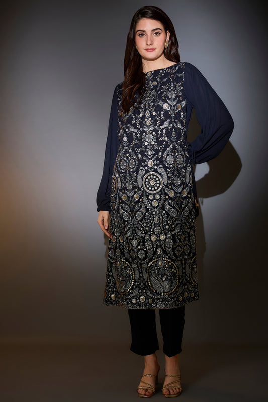 royal blue suit set with intricate thread and sequin embroidery