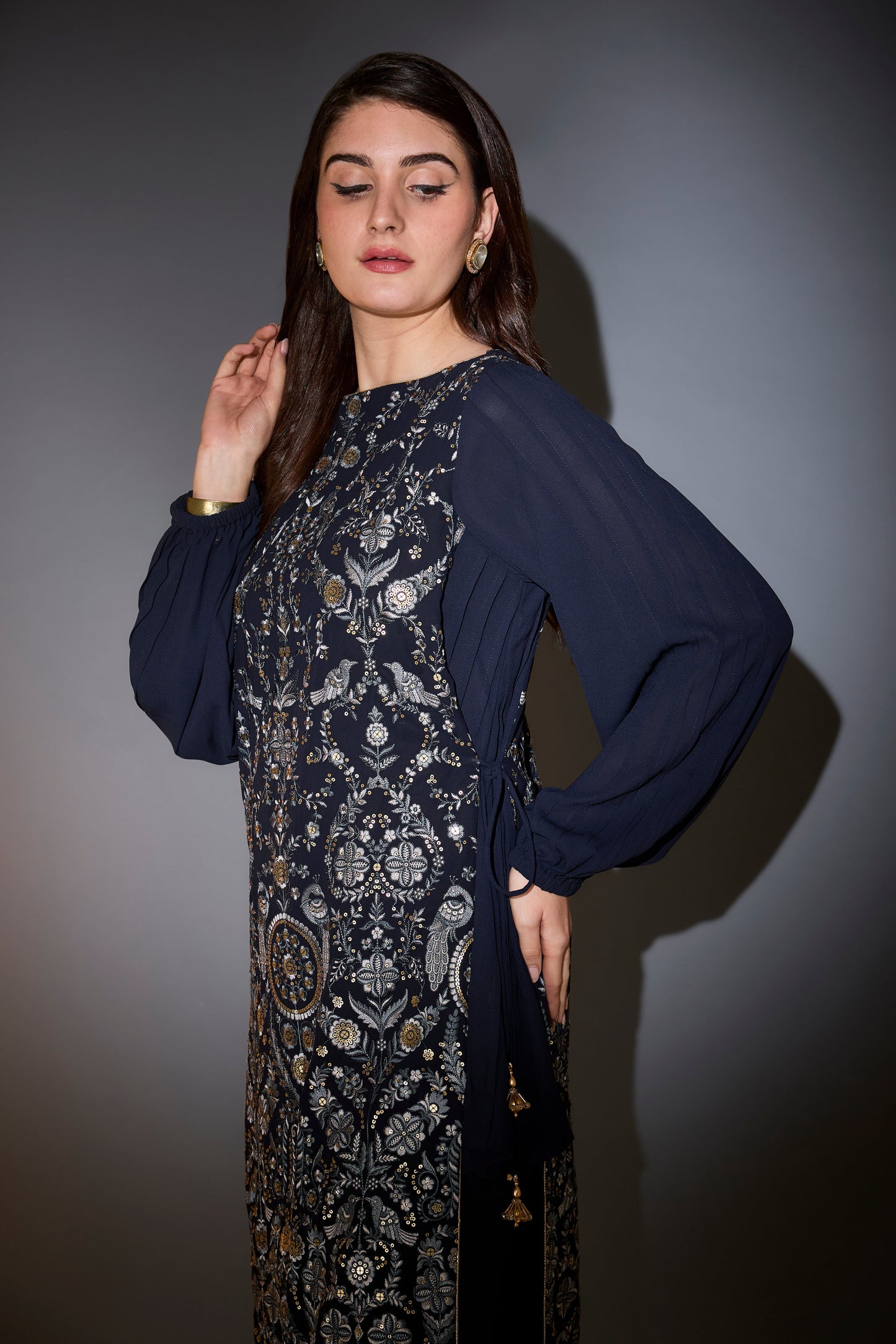royal blue suit set with intricate thread and sequin embroidery