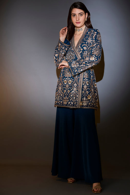 royal blue angrakha sharara set with intricate thread and zari embroidery
