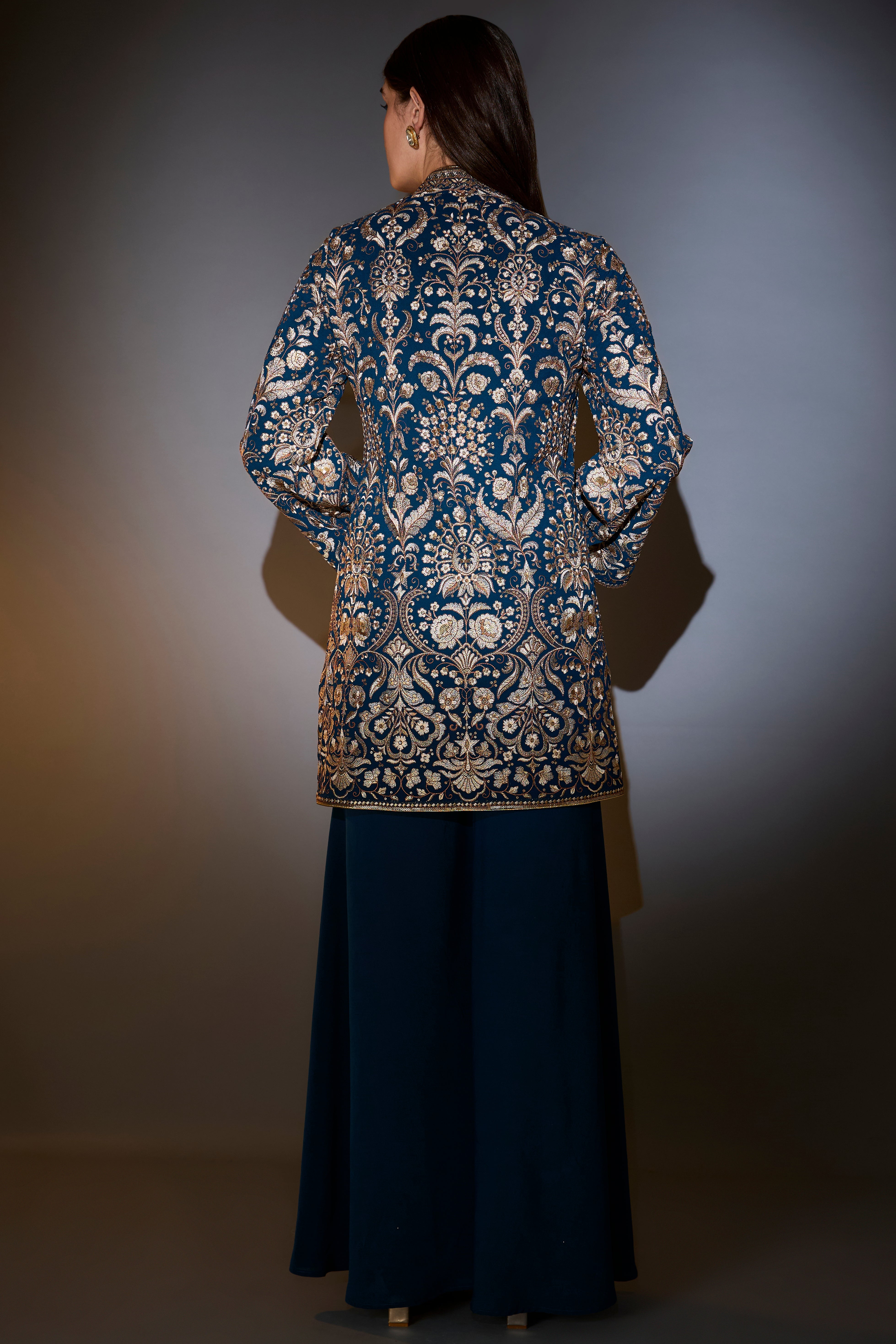 royal blue angrakha sharara set with intricate thread and zari embroidery