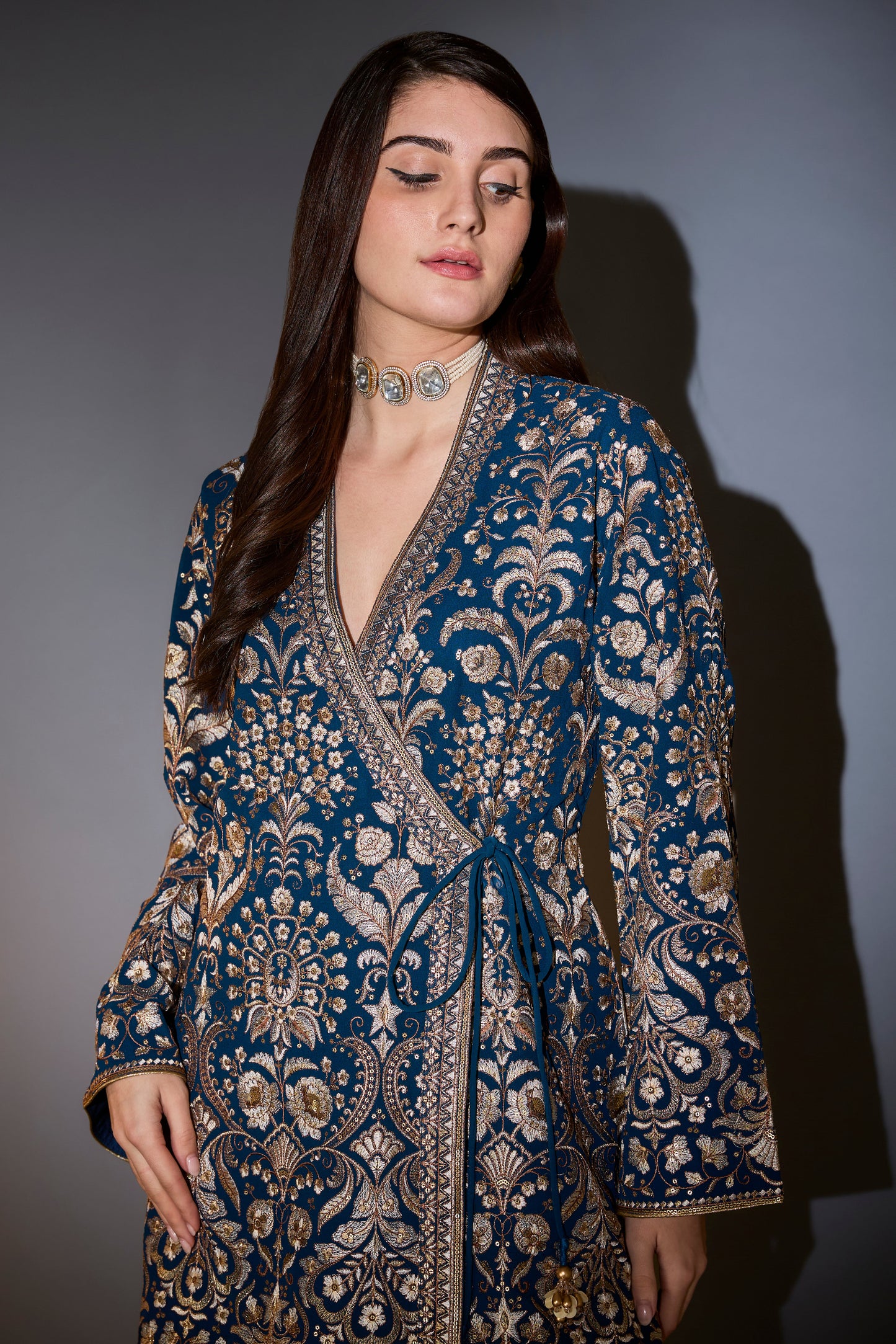royal blue angrakha sharara set with intricate thread and zari embroidery