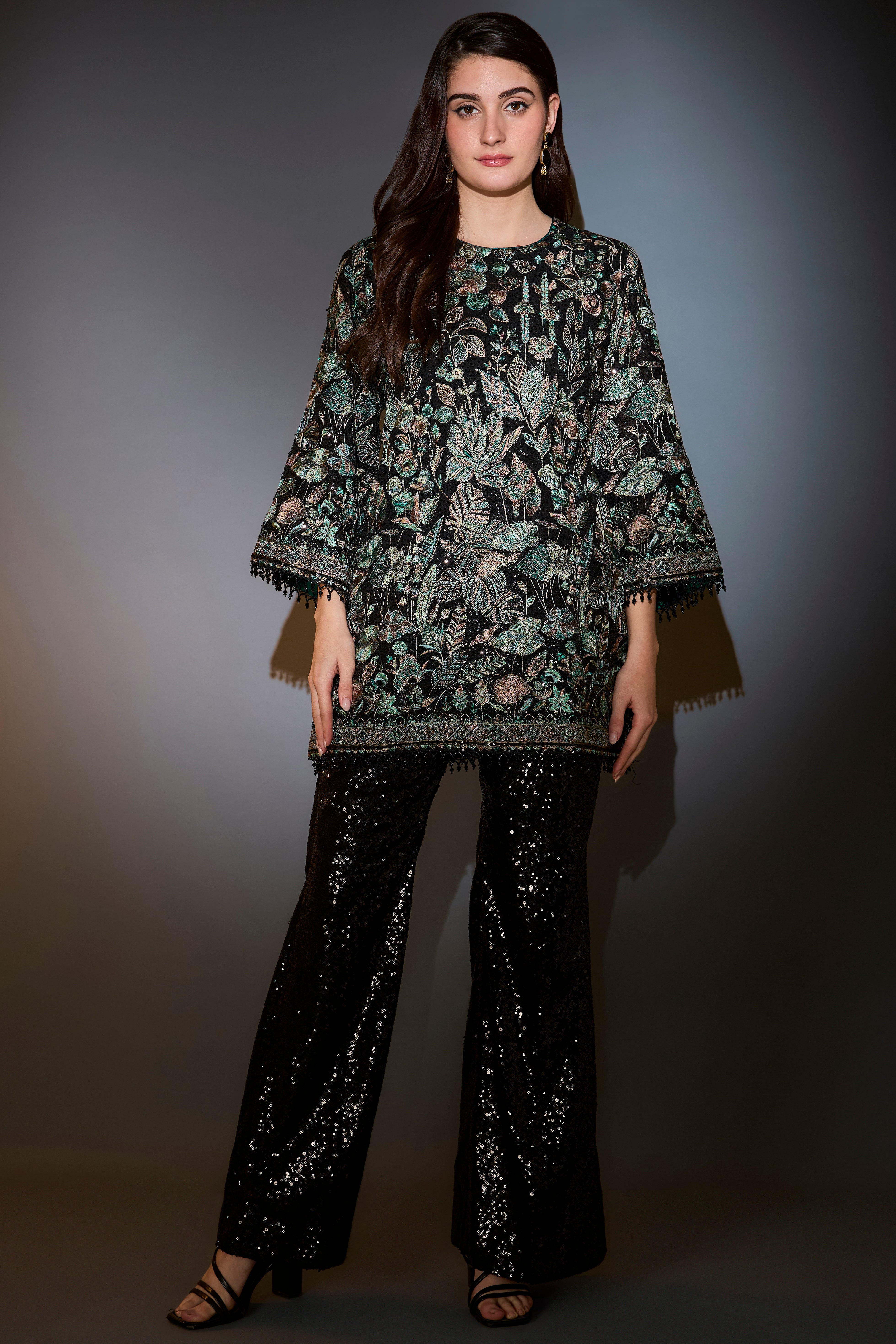 b f23 f24lack and green co ord set with heavy floral and sequins embroider paired with sequined pants