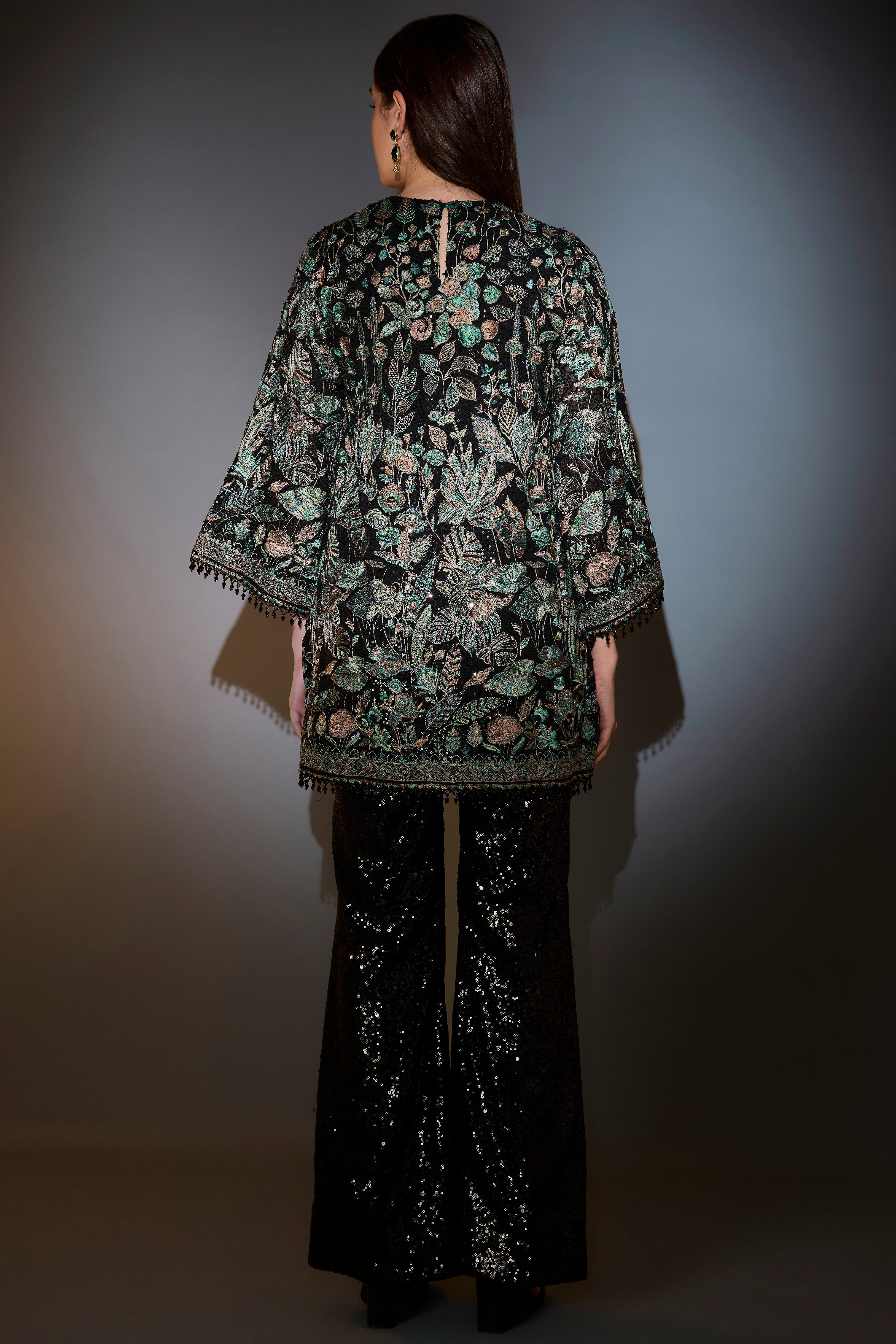 b f23 f24lack and green co ord set with heavy floral and sequins embroider paired with sequined pants