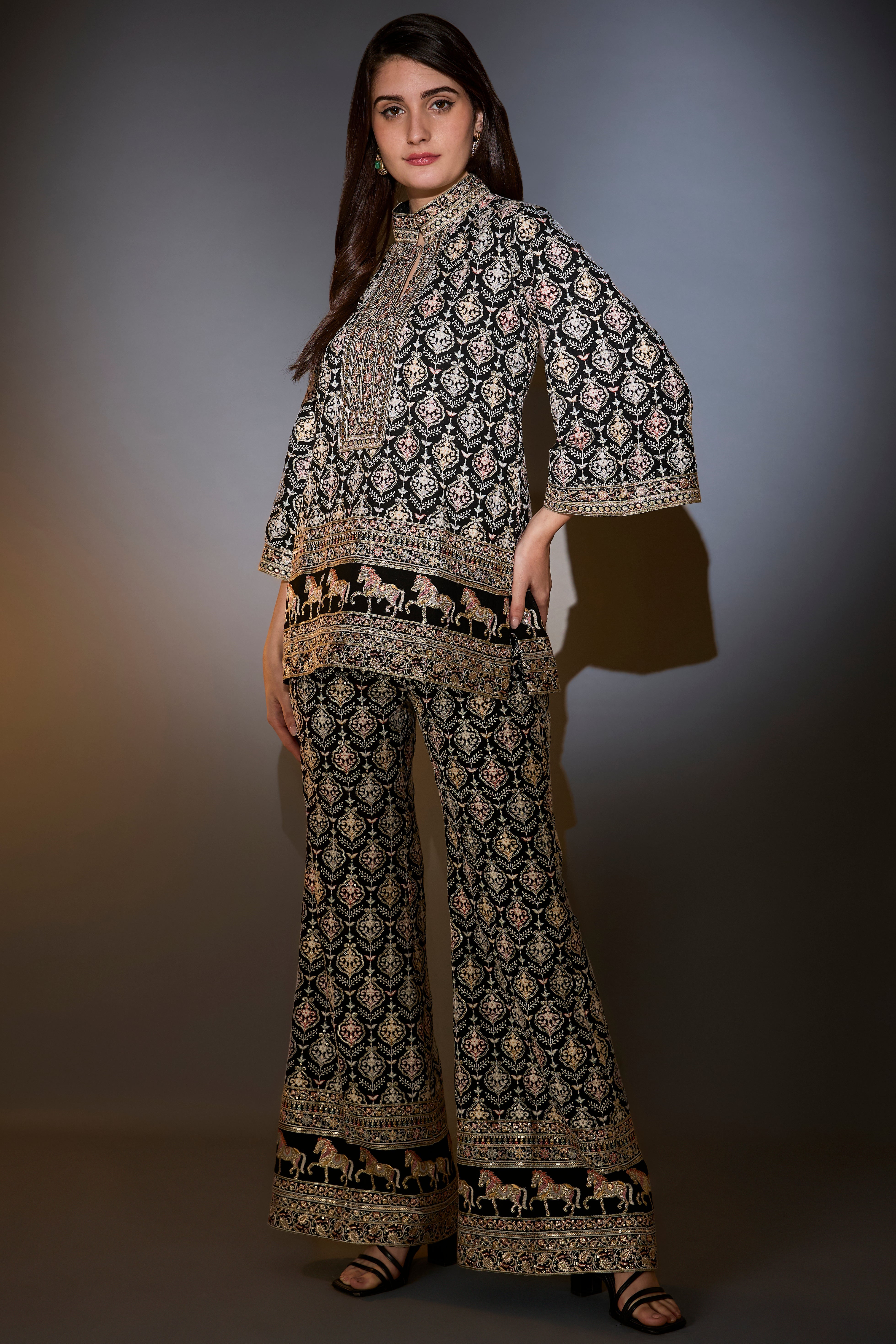 black multi thread work co ord set with horse motifs