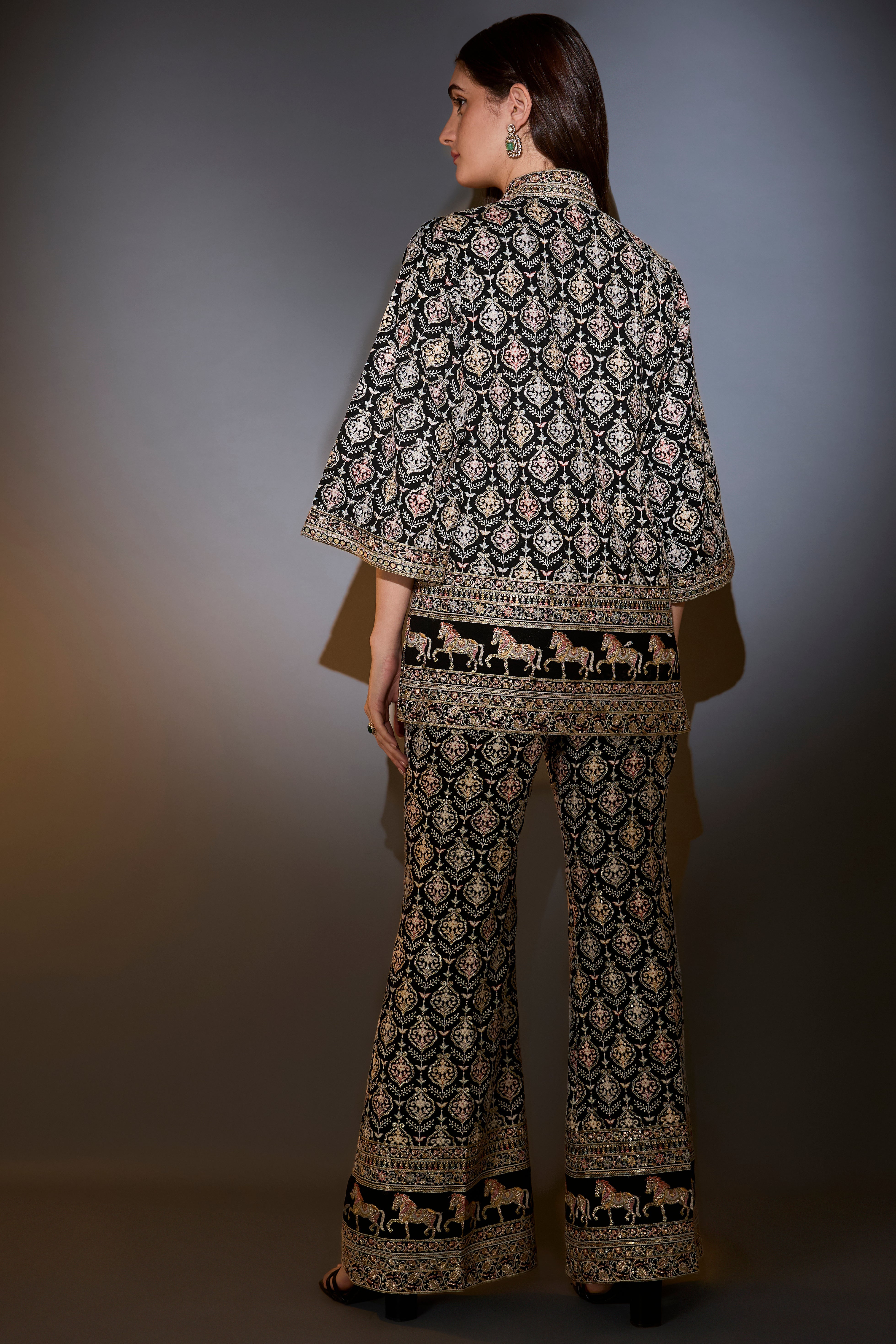 black multi thread work co ord set with horse motifs