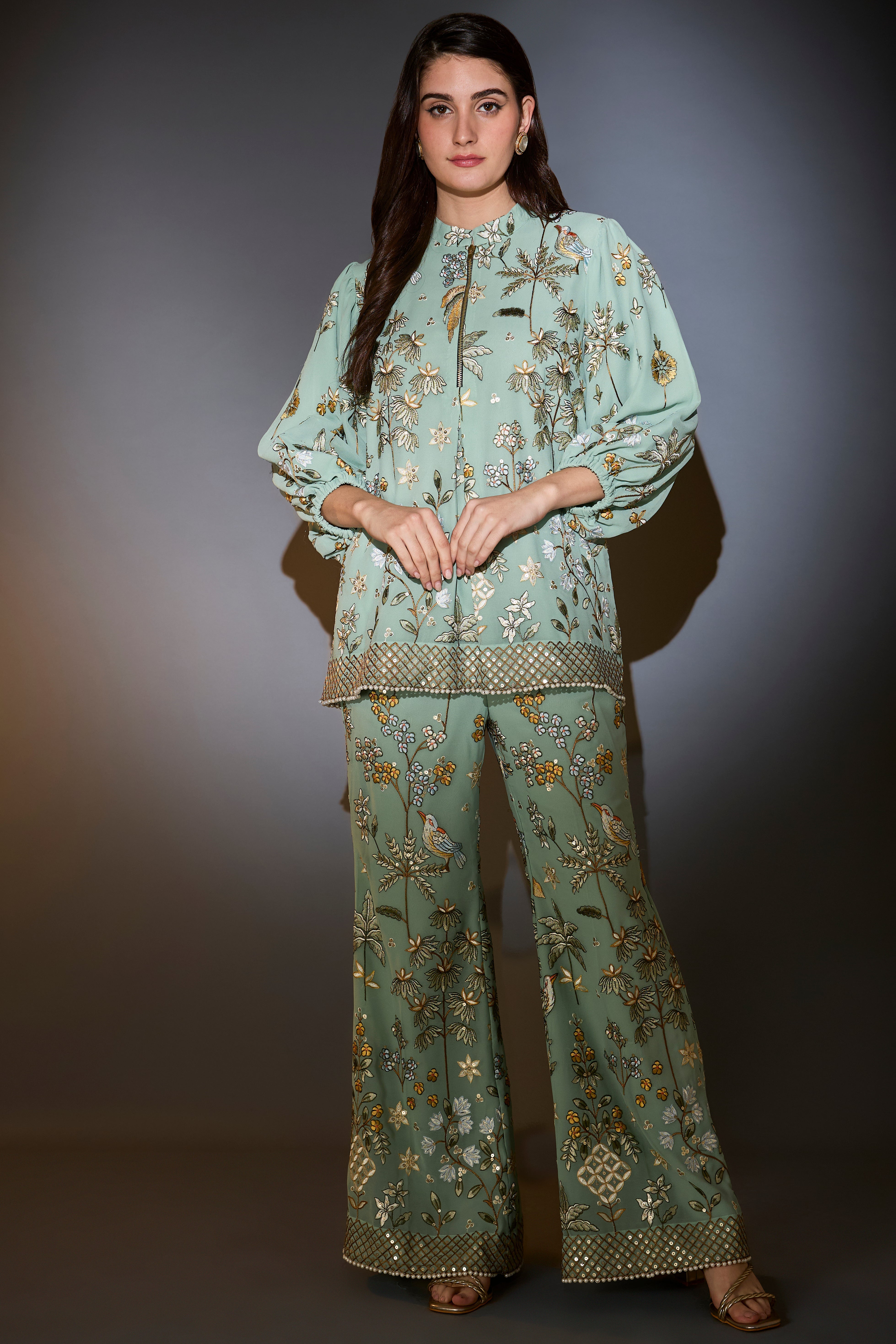 sage green floral co ord set with zipper