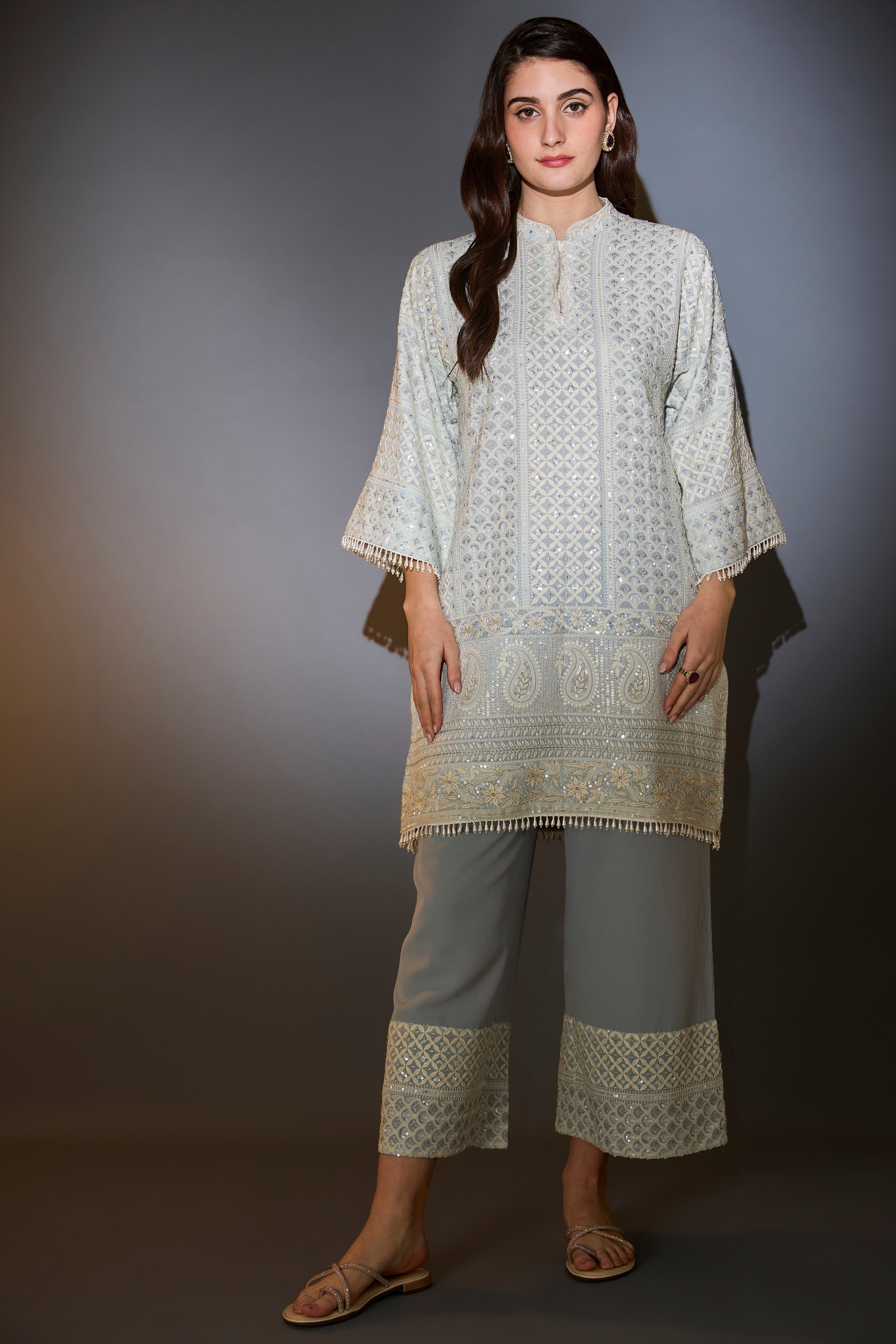 powder blue chikankari suit set with intricate thread and sequins work